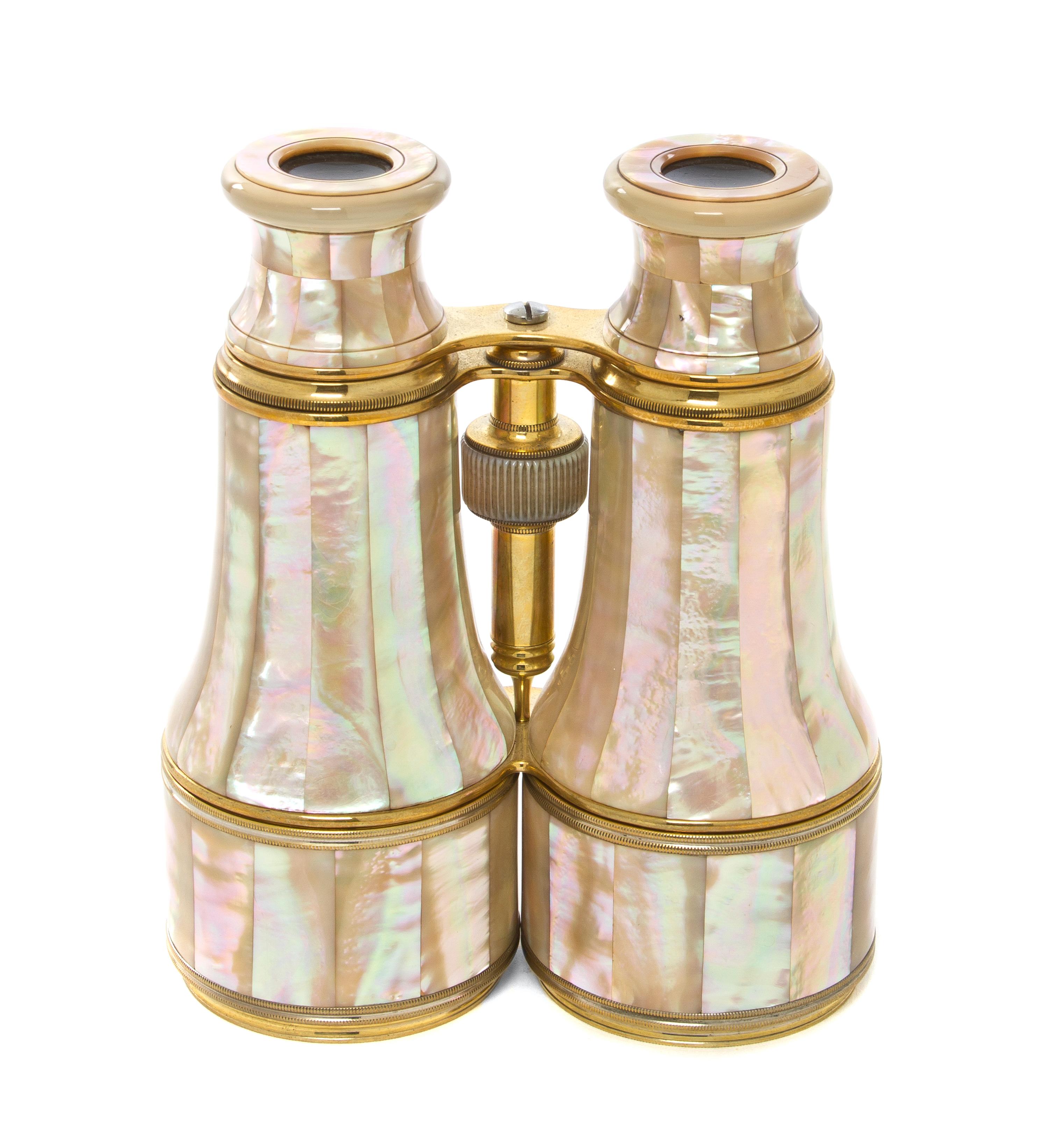 A Pair of French Mother-of-Pearl Veneered Binoculars, Height 6 inches (closed).