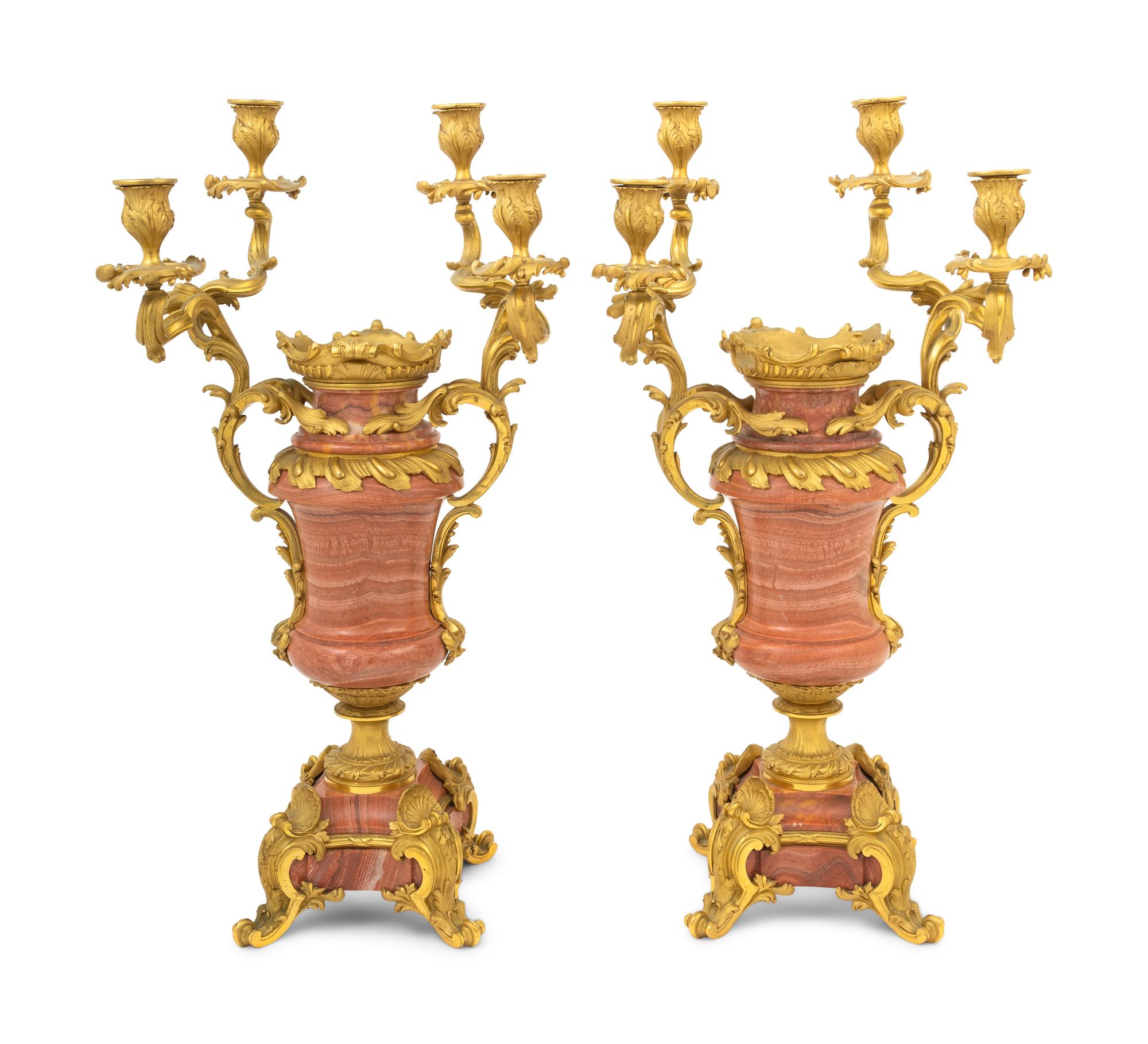 A Pair of French Gilt Bronze Mounted Marble Four-Light Candelabra