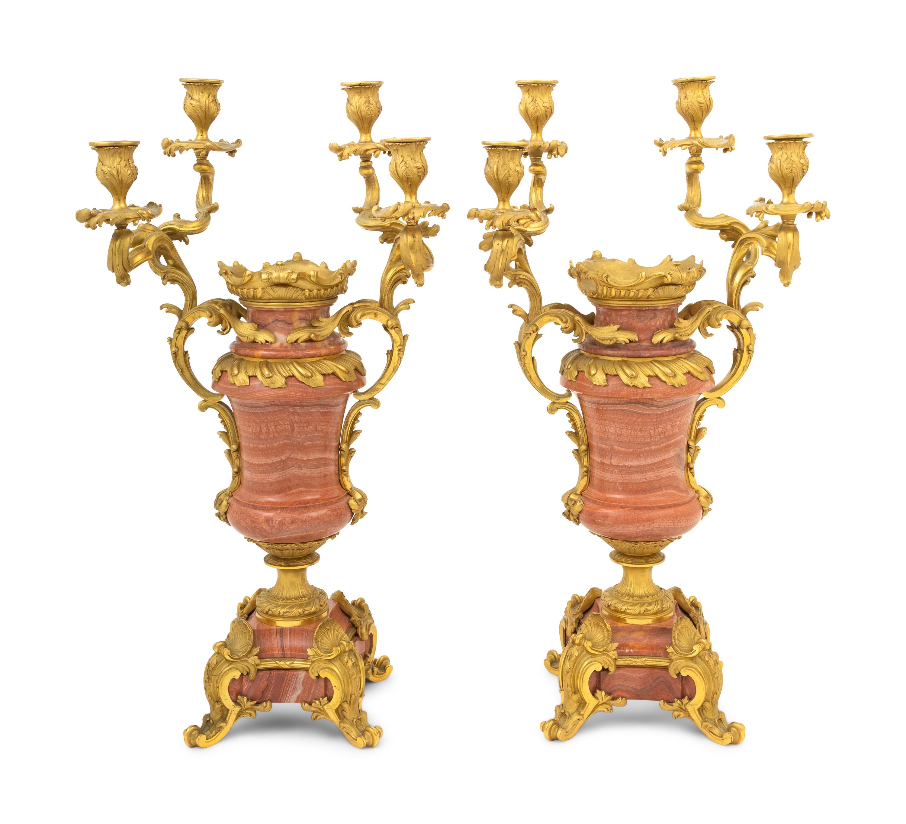 A Pair of French Gilt Bronze Mounted Marble Four-Light Candelabra