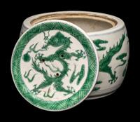 A Chinese Green-Enameled 'Dragon' Porcelain Cricket Jar and Cover