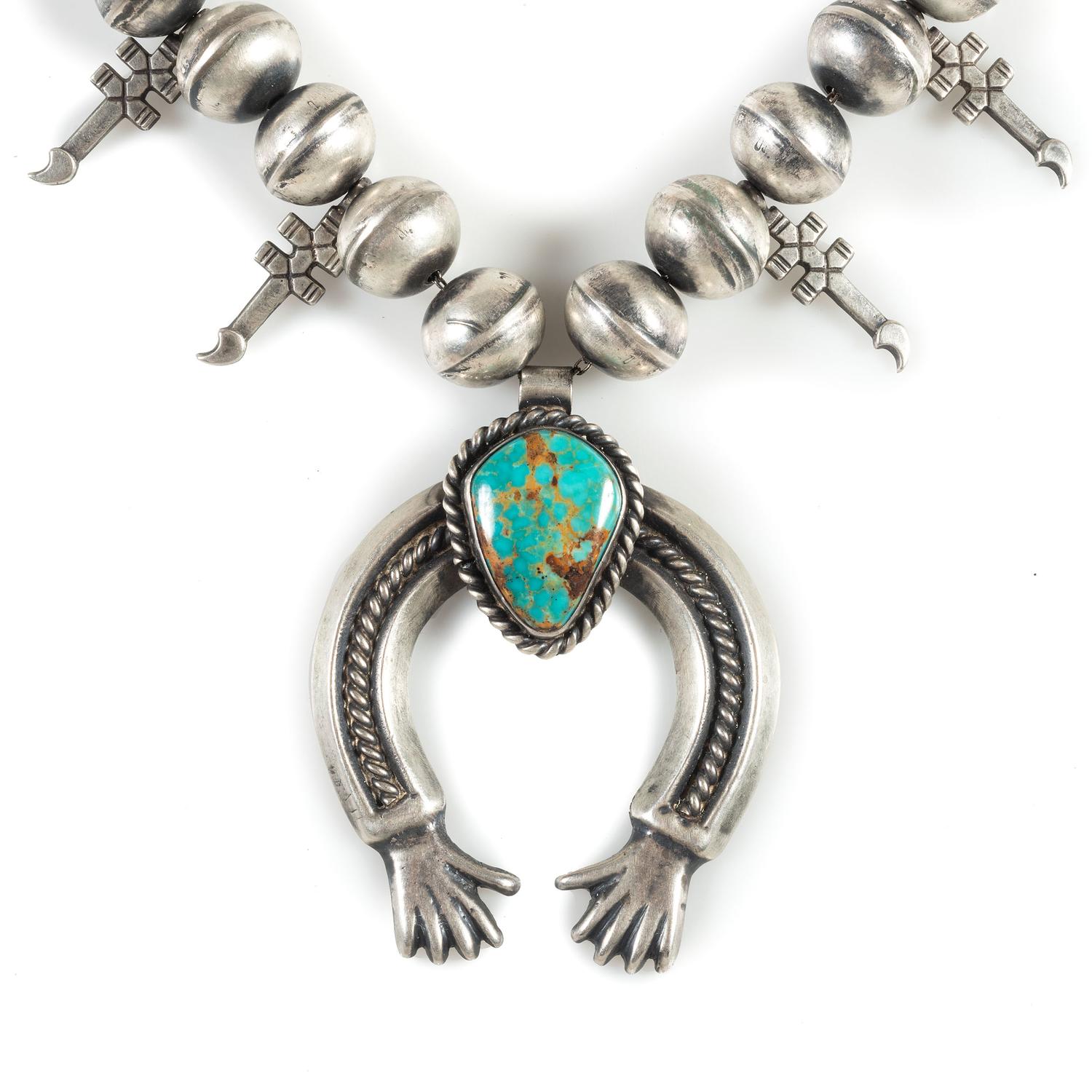 Sterling Silver and Turquoise Squash Blossom Necklace, with Double-Crosses