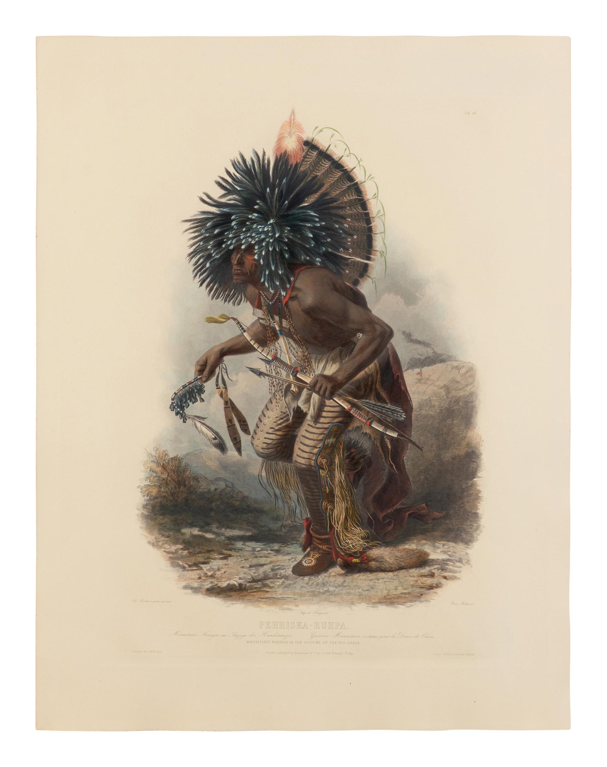 BODMER, Karl (1809-1893) Péhriska-Rúhpa. Moennitarri Warrior in the Costume of the Dog Danse (Tab. 23).
