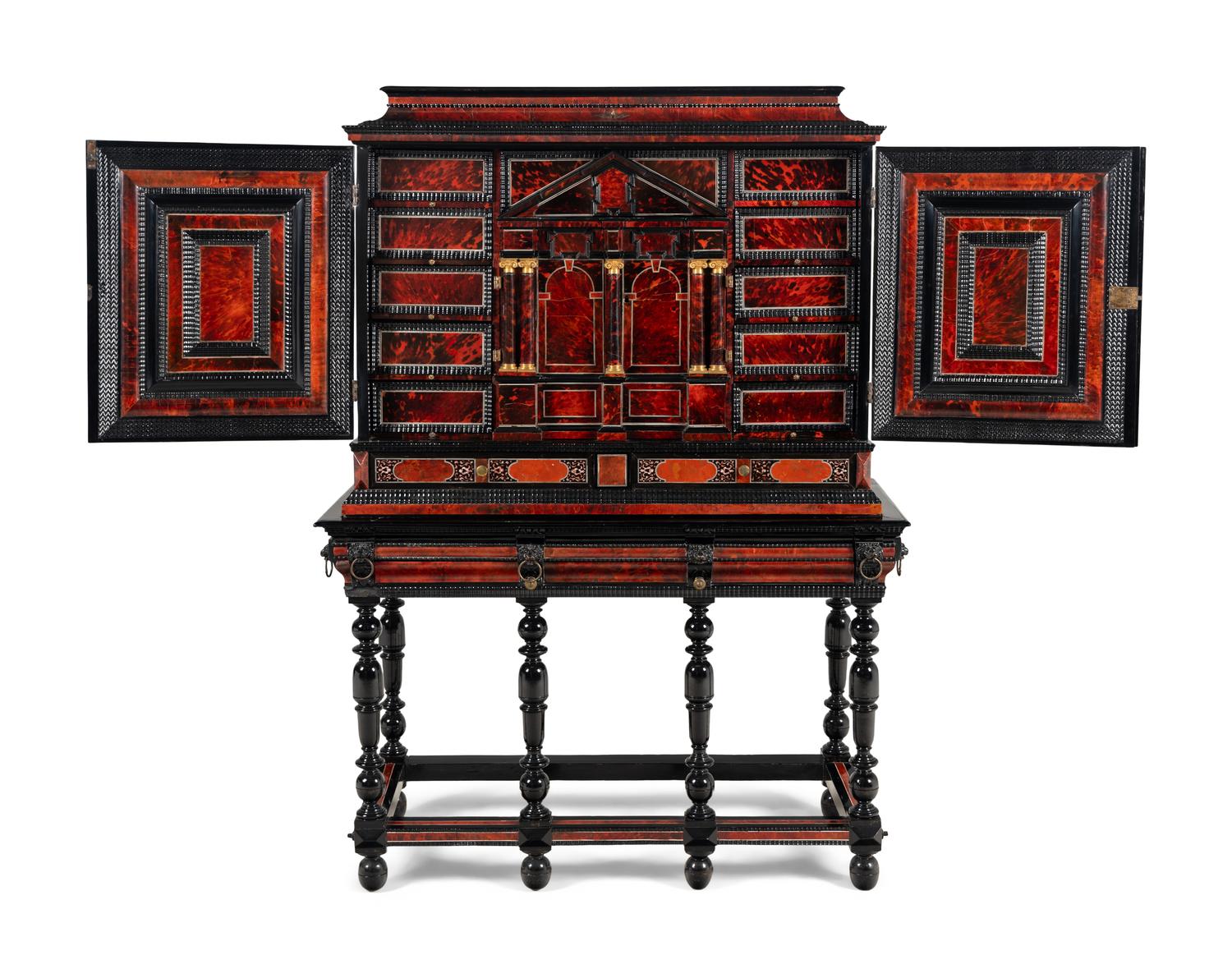 A Flemish Red Tortoise Shell, Kingwood and Ebony Cabinet on Stand
