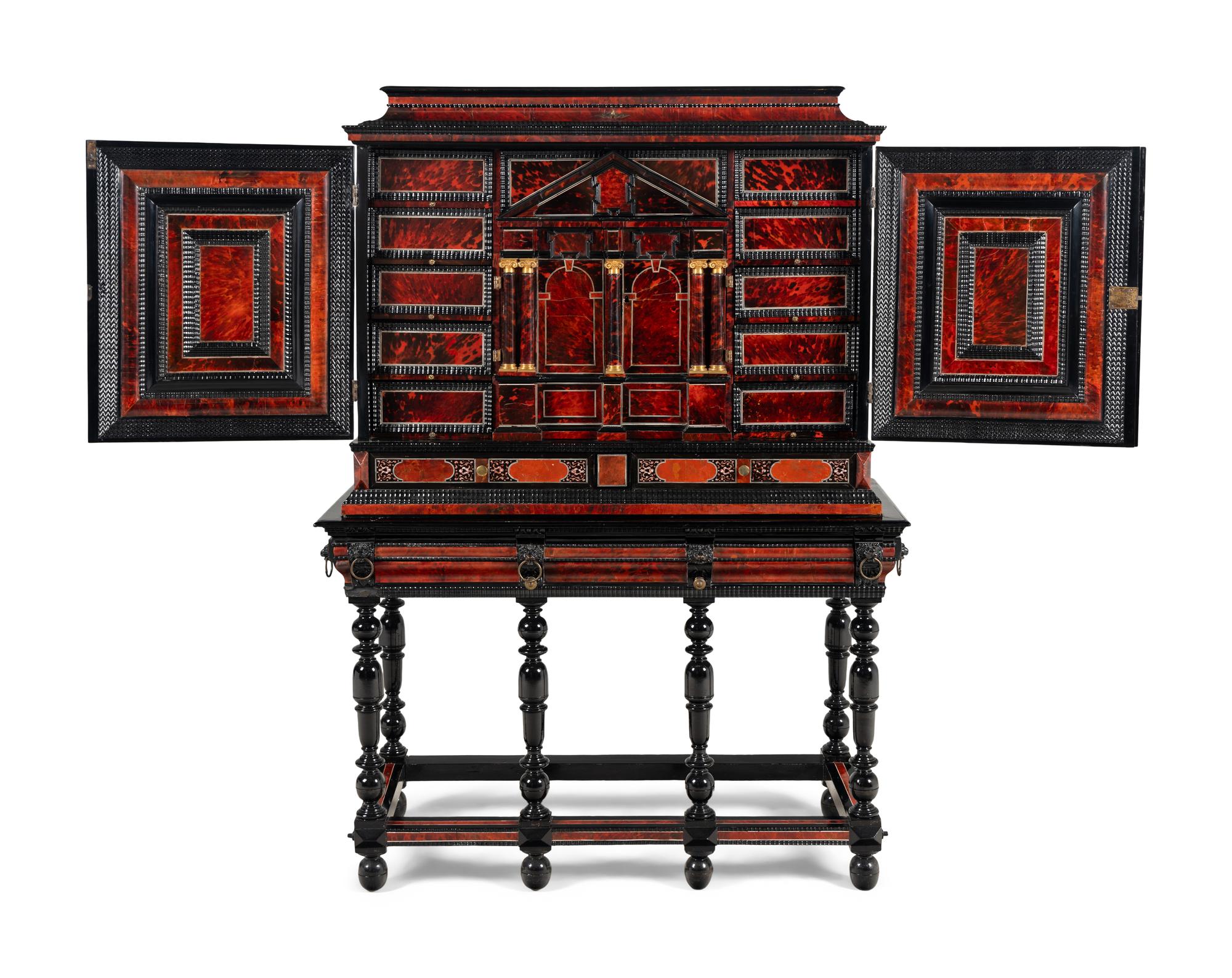 A Flemish Red Tortoise Shell, Kingwood and Ebony Cabinet on Stand