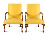 A Pair of English Walnut Library Armchairs