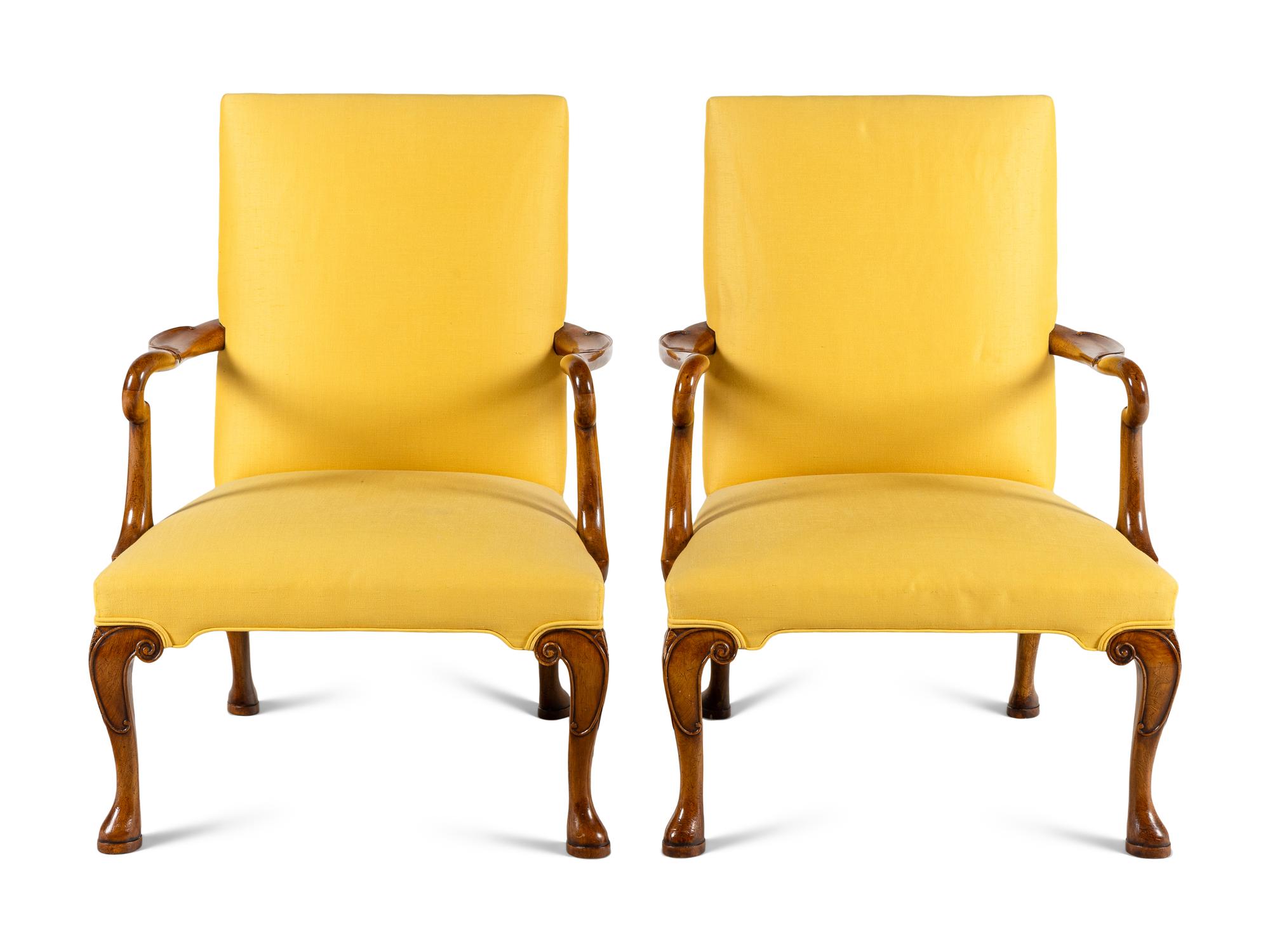 A Pair of English Walnut Library Armchairs