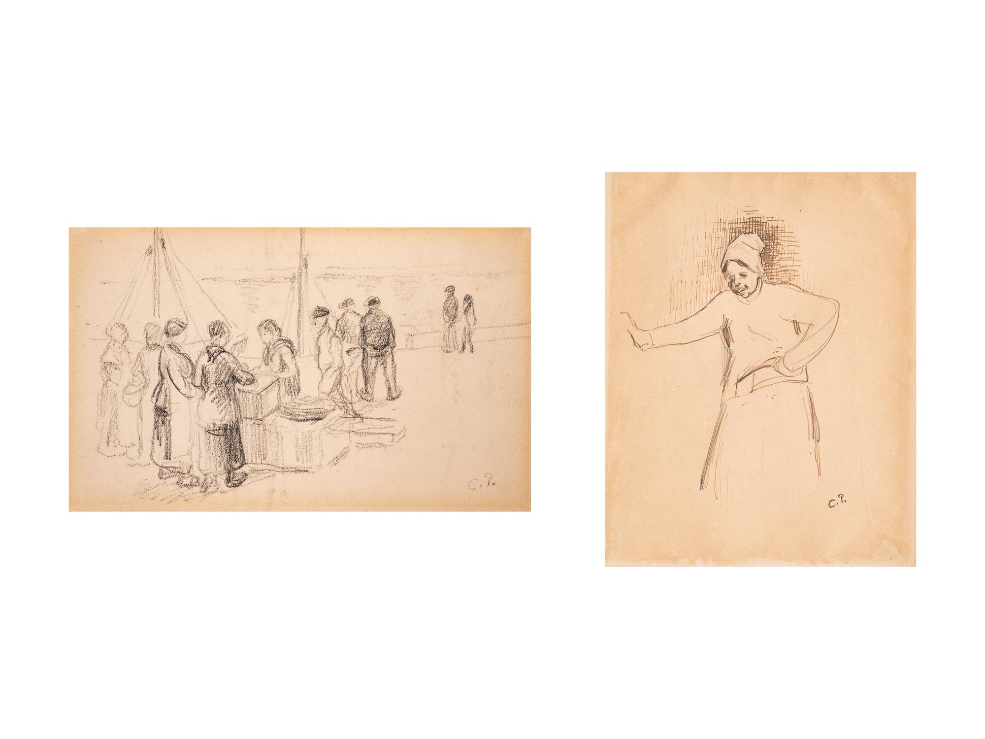 Peasant Woman , late 1880s, and Quayside Scene , 1903 (two works)