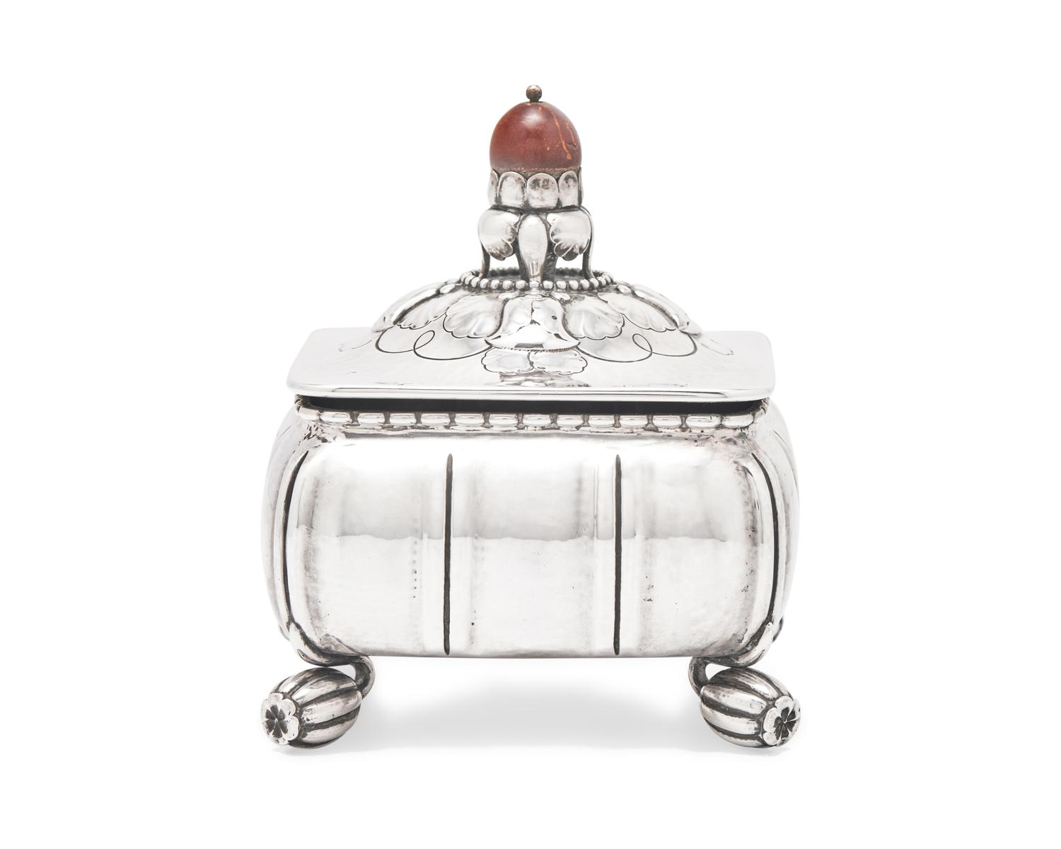 A Georg Jensen Silver and Turned Wood Mounted Box