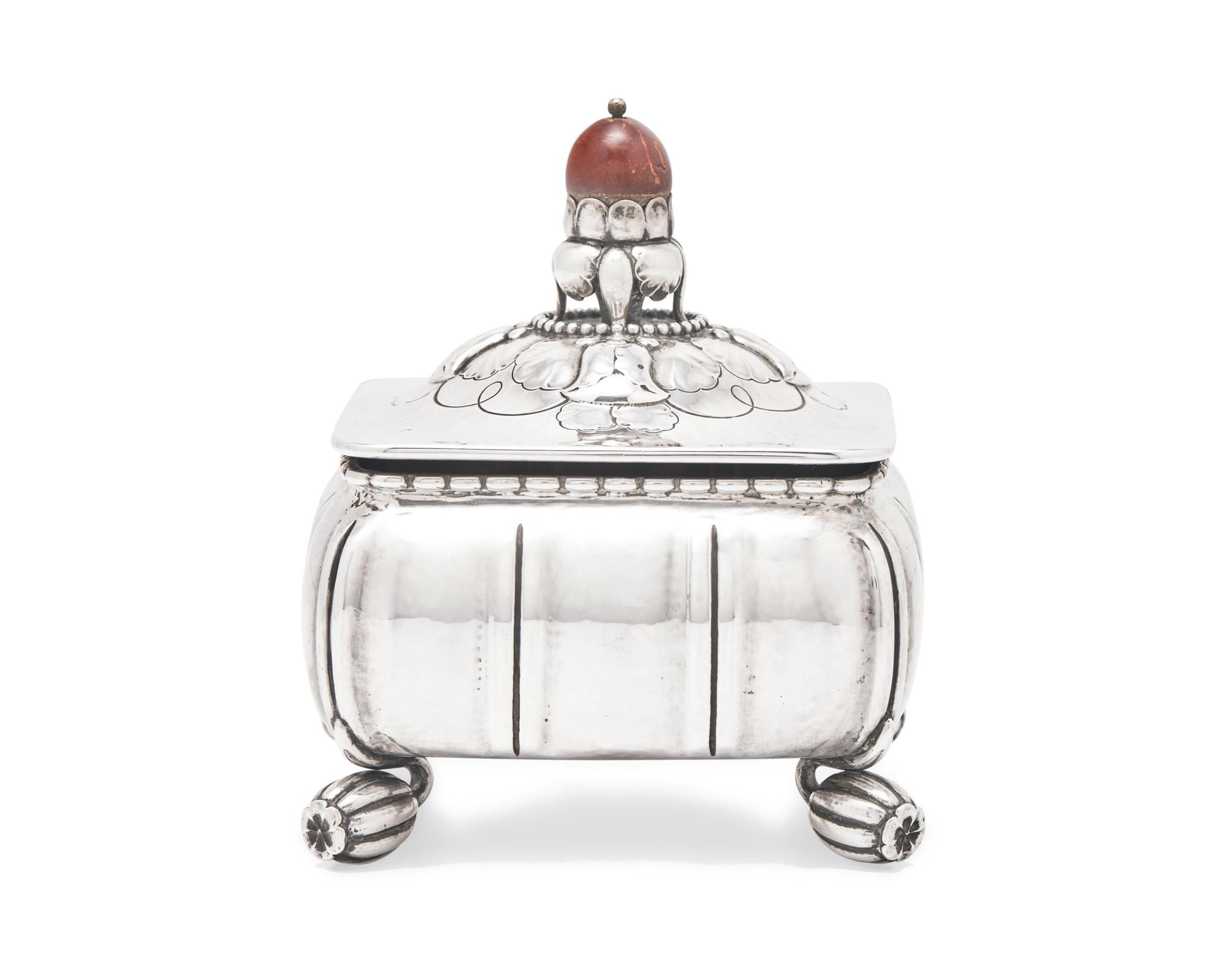 A Georg Jensen Silver and Turned Wood Mounted Box