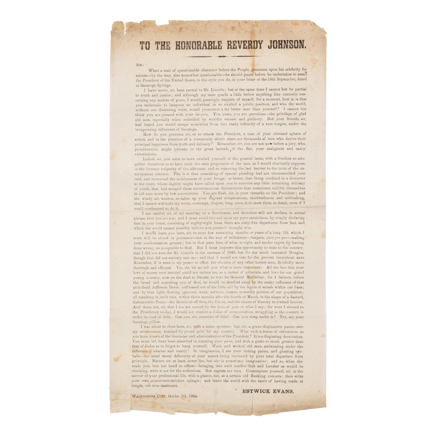 [LINCOLN-JOHNSON CAMPAIGN]. EVANS, Estwick (1787-1866). A pair of broadsides related to the 1864 presidential election, comprising: