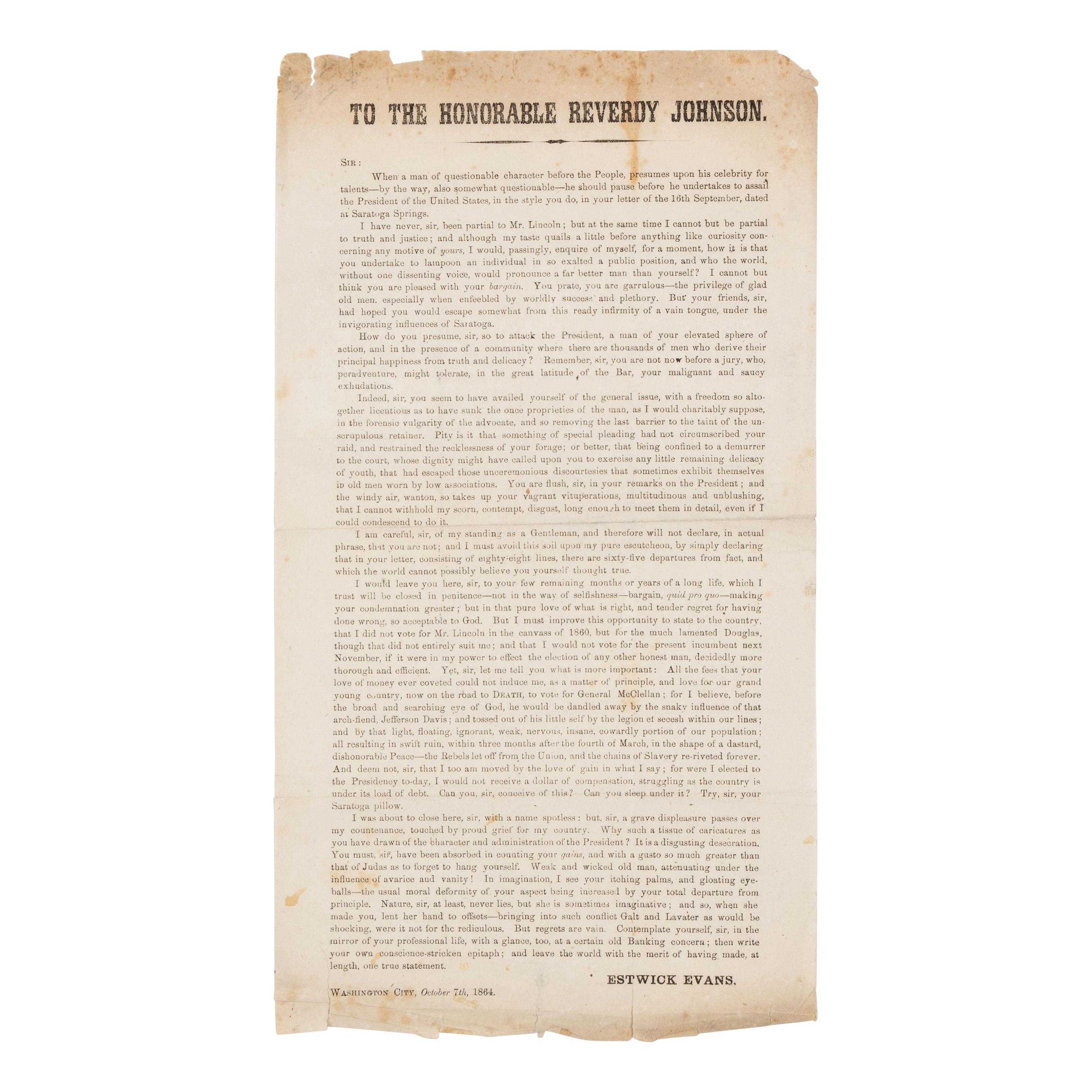 [LINCOLN-JOHNSON CAMPAIGN]. EVANS, Estwick (1787-1866). A pair of broadsides related to the 1864 presidential election, comprising: