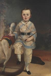 American School 19th Century, Portrait Of A Young Boy With Whip And Rocking Horse