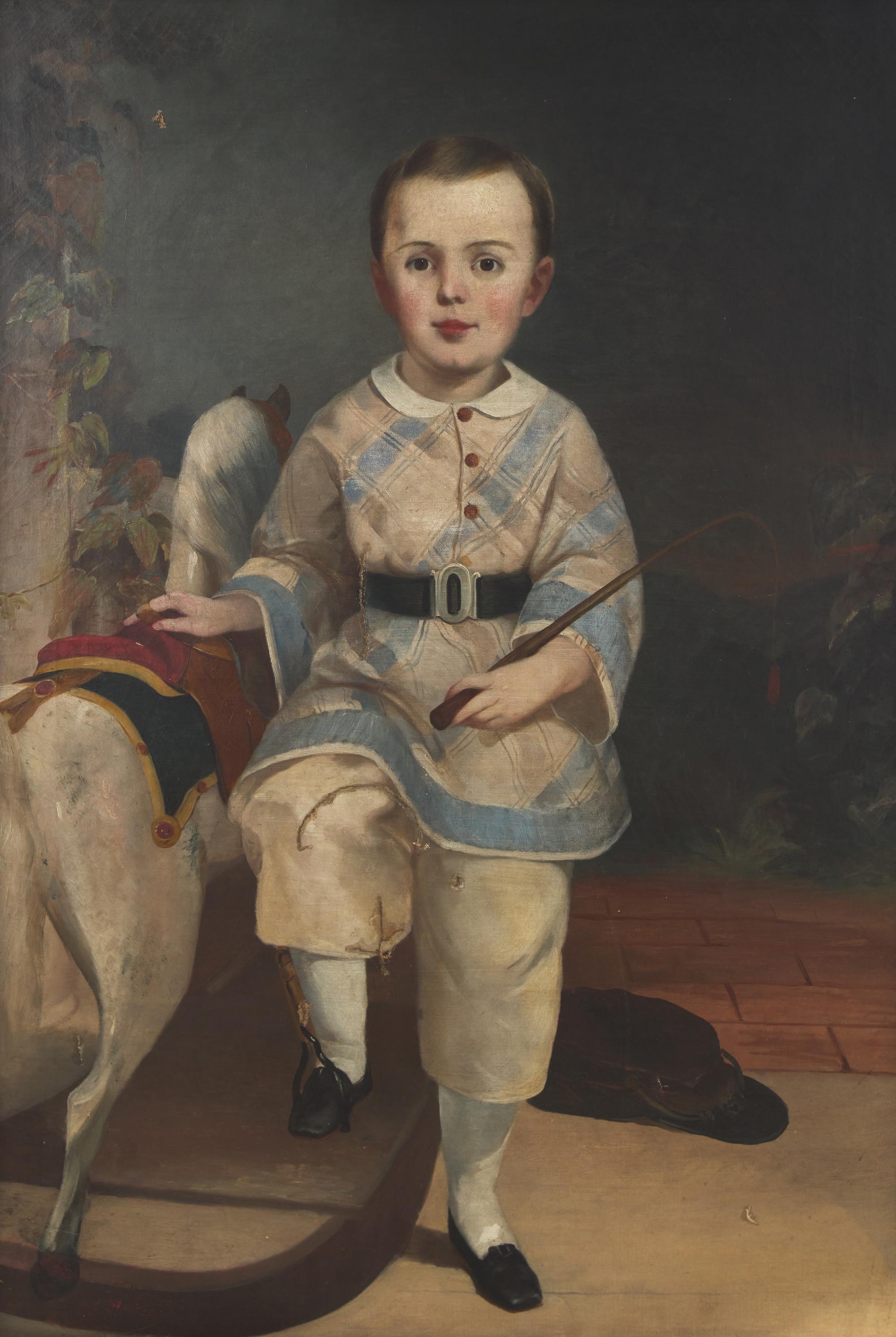 American School 19th Century, Portrait Of A Young Boy With Whip And Rocking Horse