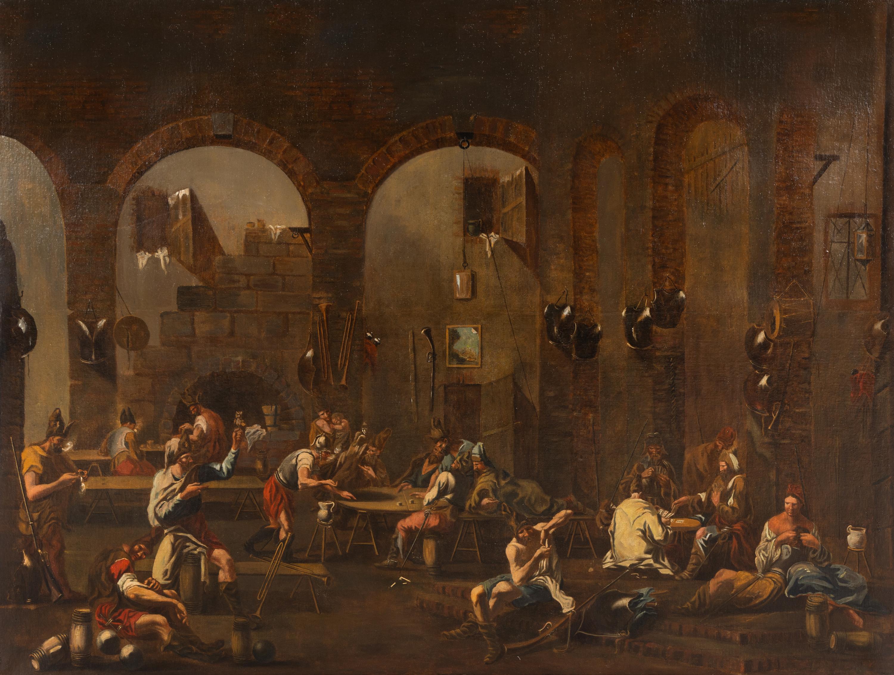 Manner of Alessandro Magnasco (Italian, 1667-1749) — Interior Scene of Barracks with Soldiers