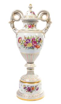 A Dresden Porcelain Urn, Cover and Stand Height overall 44 inches.