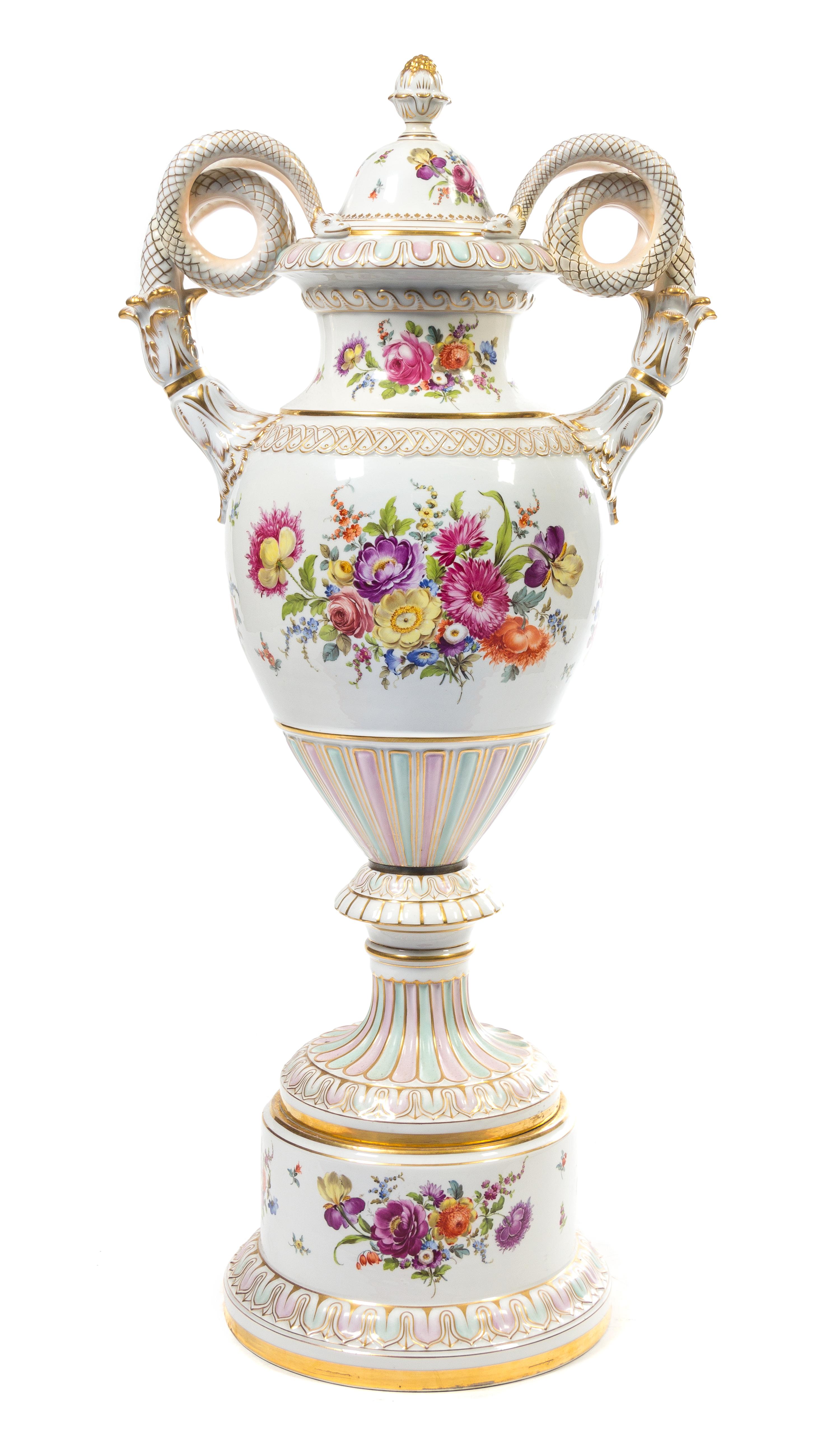 A Dresden Porcelain Urn, Cover and Stand Height overall 44 inches.