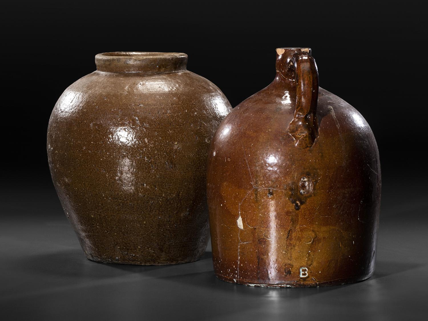 Two Brown Glazed Stoneware Vessels