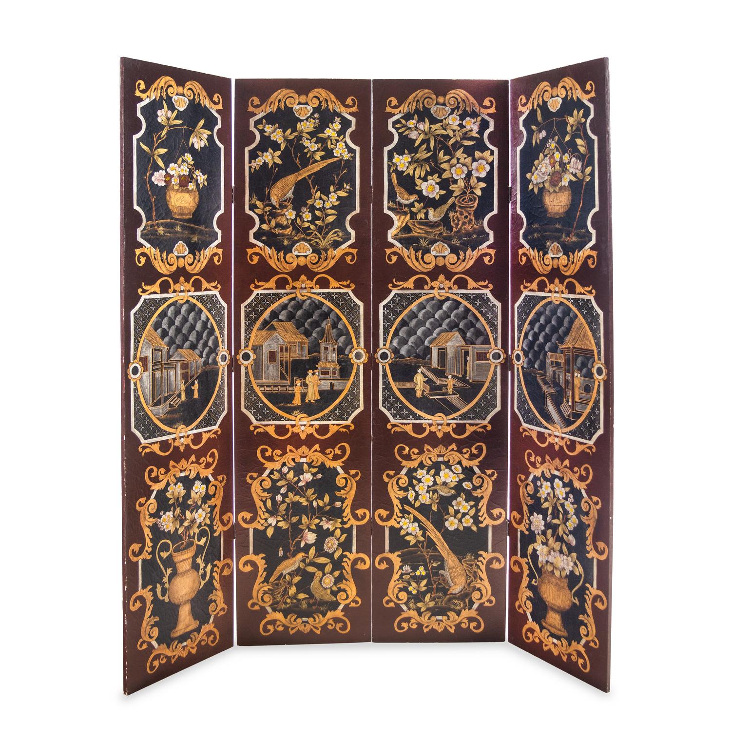 A Chinoiserie Decorated Leather Four-Panel Floor Screen