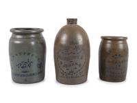 Three Cobalt-Stenciled Stoneware Vessels