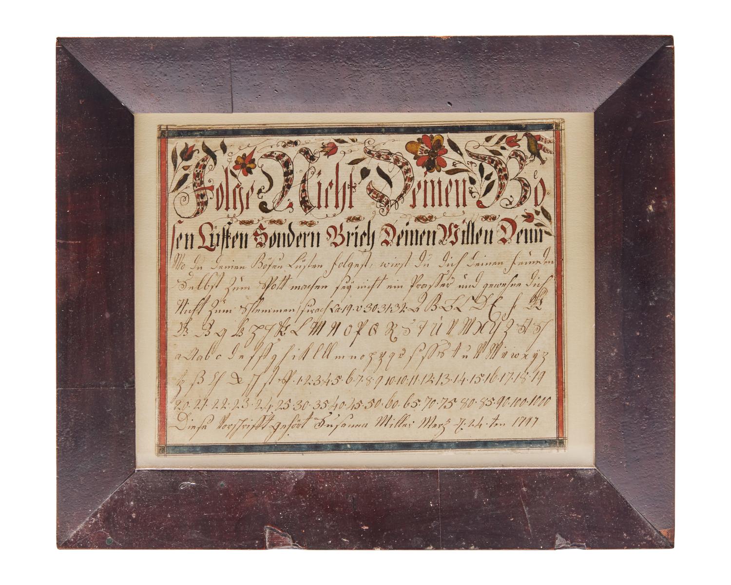A Fraktur Vorschrift for Susan Miller, Attributed to Christian Alsdorff (1760-1838), Lancaster, Pennsylvania