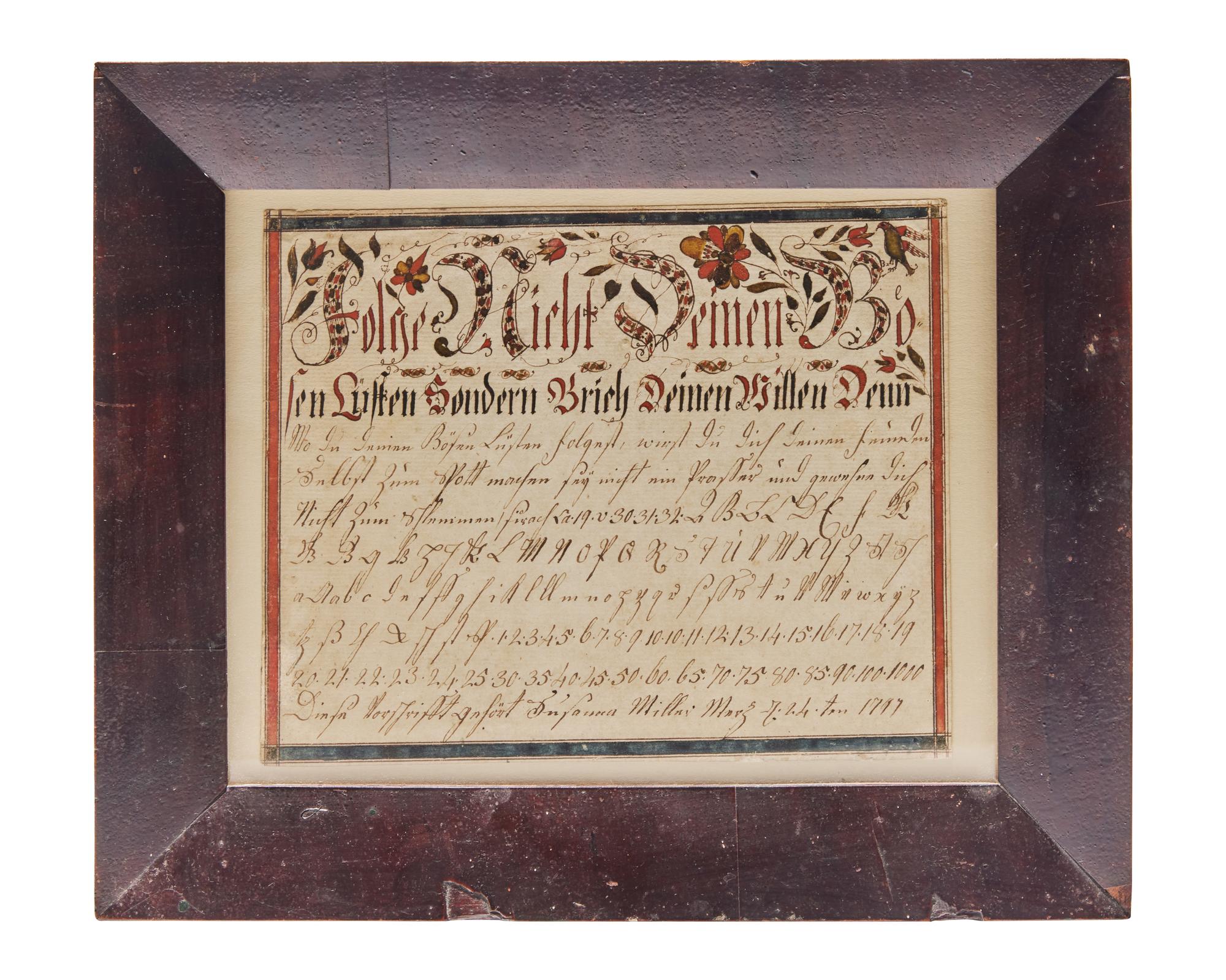 A Fraktur Vorschrift for Susan Miller, Attributed to Christian Alsdorff (1760-1838), Lancaster, Pennsylvania