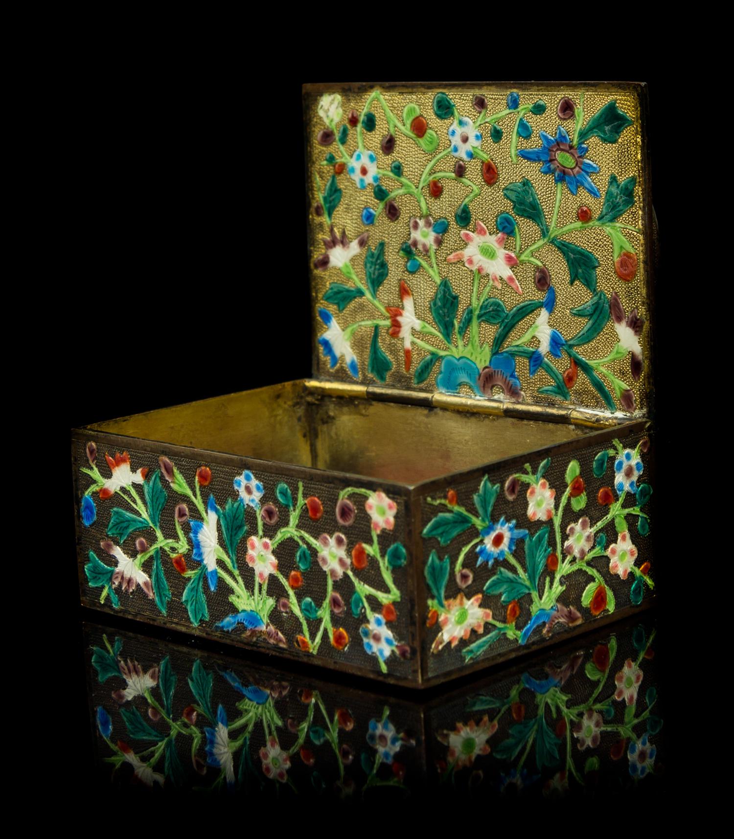 A Silvered Enameled Rectangular Hinged Box Height 1 3/8 x width 3 x depth 2 1/4 inches.