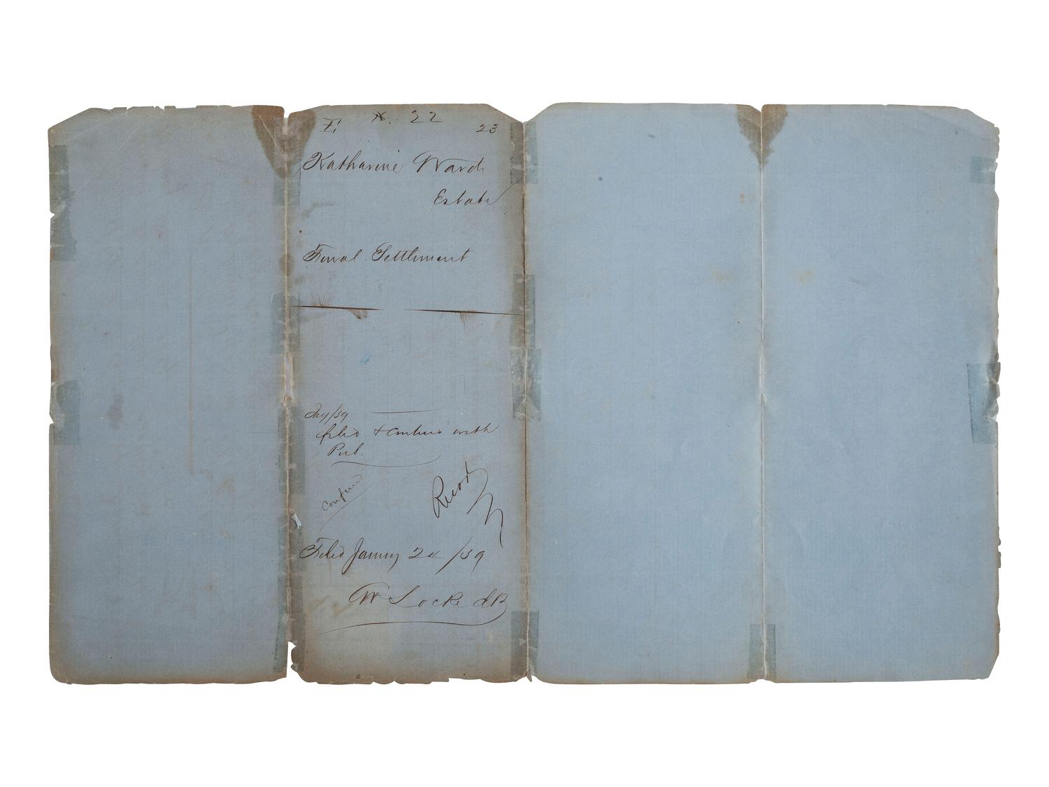 [SLAVERY & ABOLITION]. Two manuscript inventories of the estate of Catherine Ward, each listing 10 enslaved individuals. Union County, AR, 10 August 1858 and 24 January 1859.