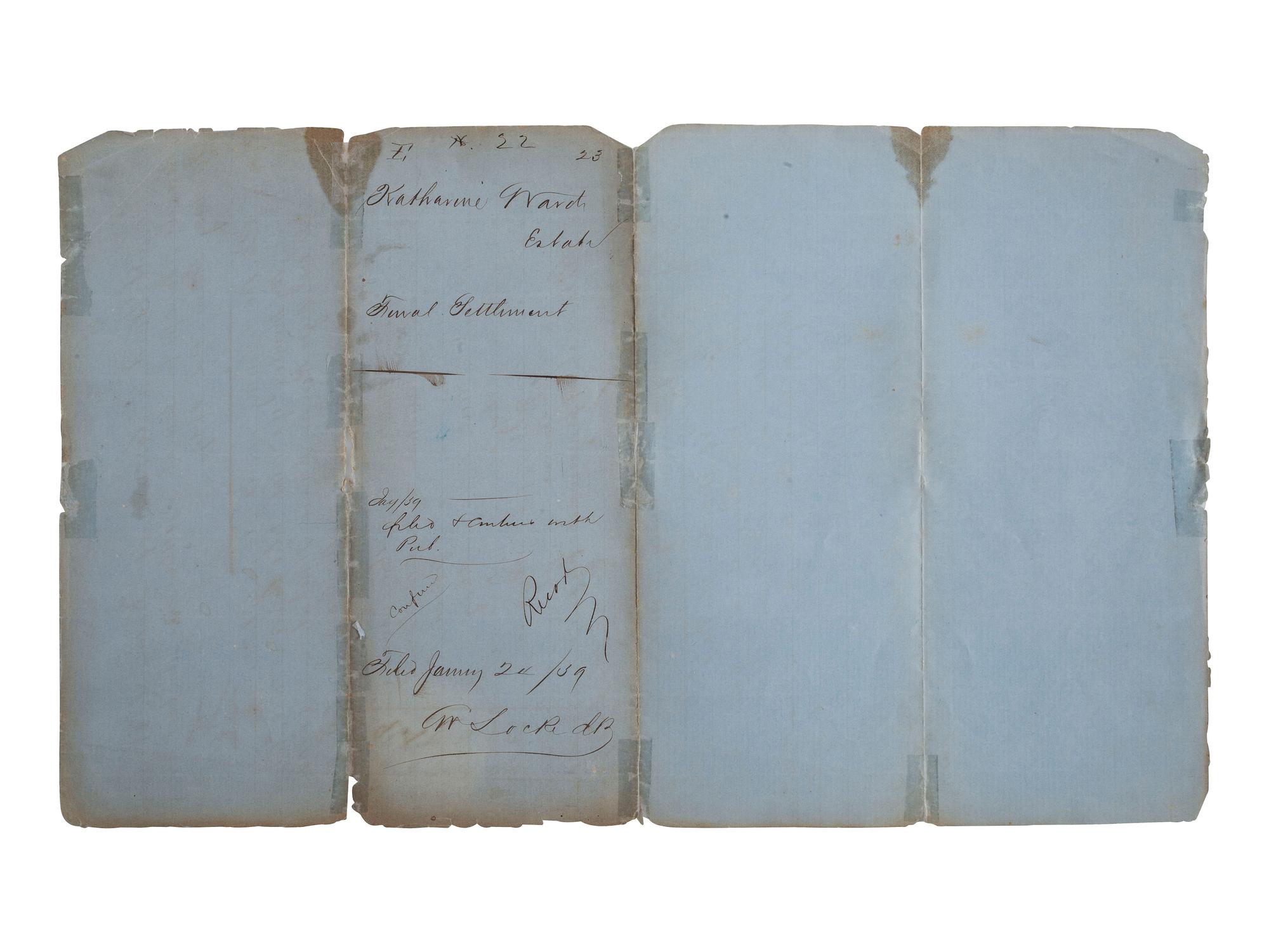 [SLAVERY & ABOLITION]. Two manuscript inventories of the estate of Catherine Ward, each listing 10 enslaved individuals. Union County, AR, 10 August 1858 and 24 January 1859.