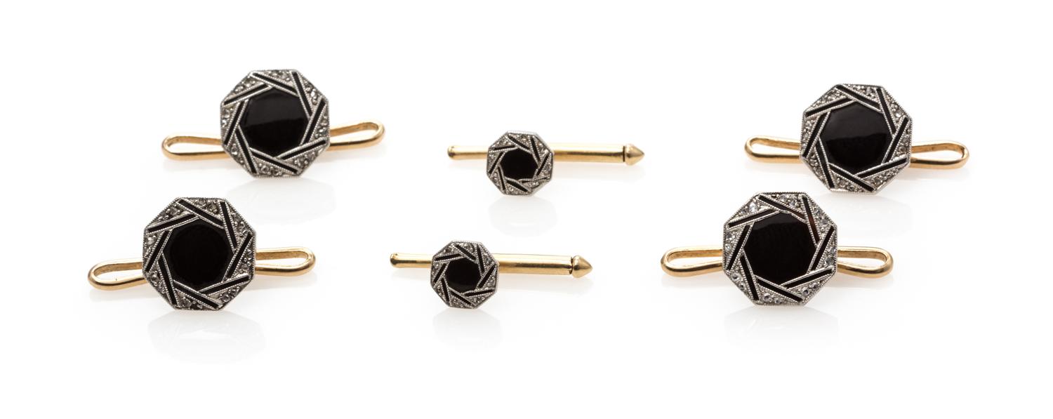 A Platinum, 14 Karat Yellow Gold, Onyx and Diamond Partial Dress Set, Larter & Sons, 7.90 dwts.
