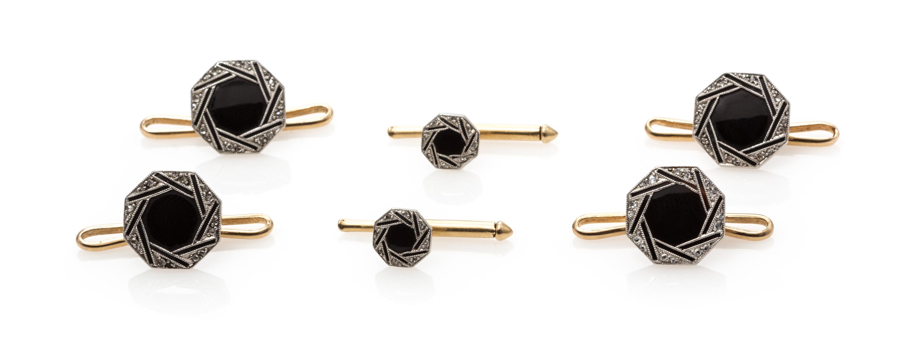 A Platinum, 14 Karat Yellow Gold, Onyx and Diamond Partial Dress Set, Larter & Sons, 7.90 dwts.