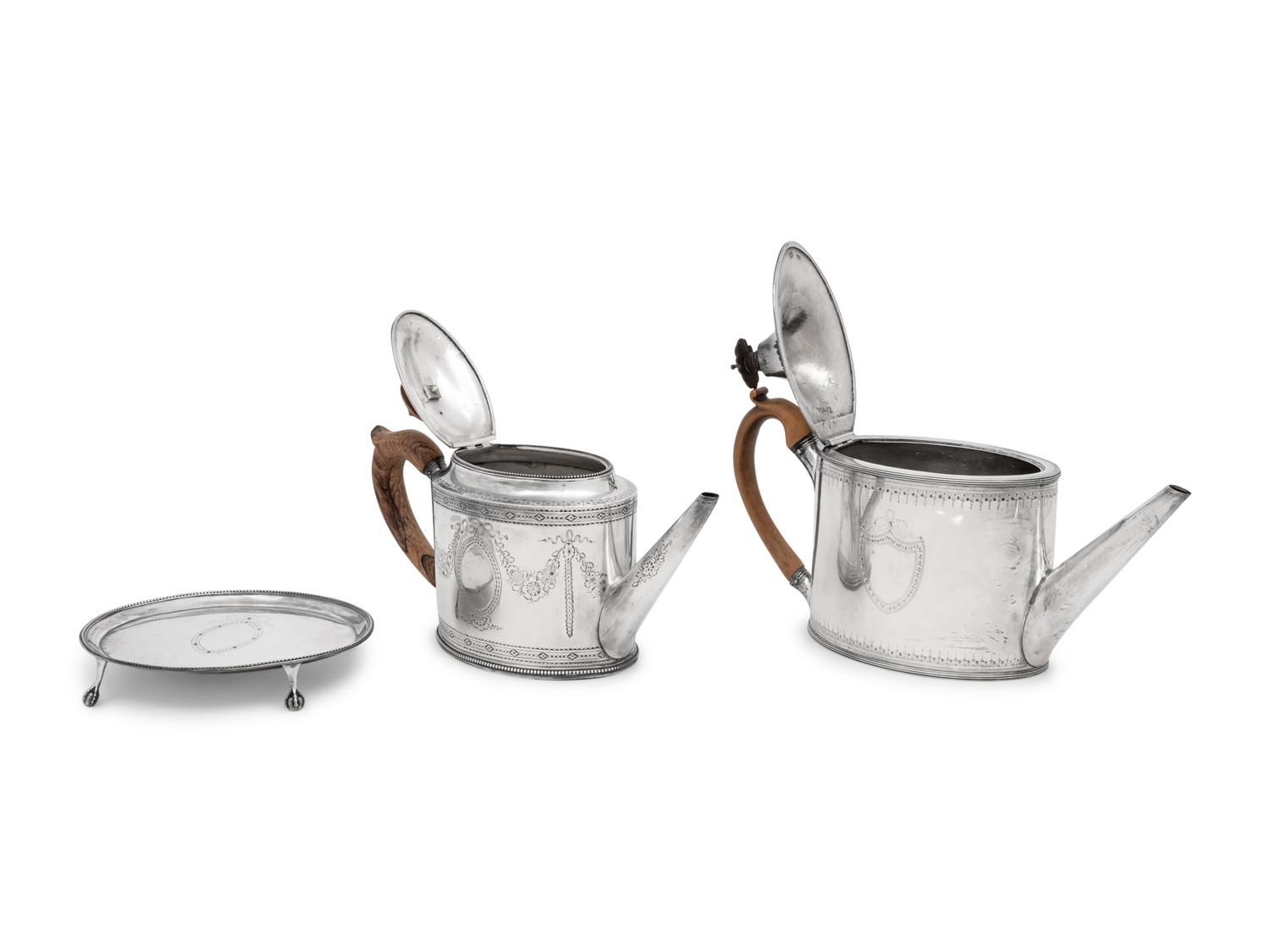 Two Hester Bateman George III Silver Teapots and a Teapot Stand