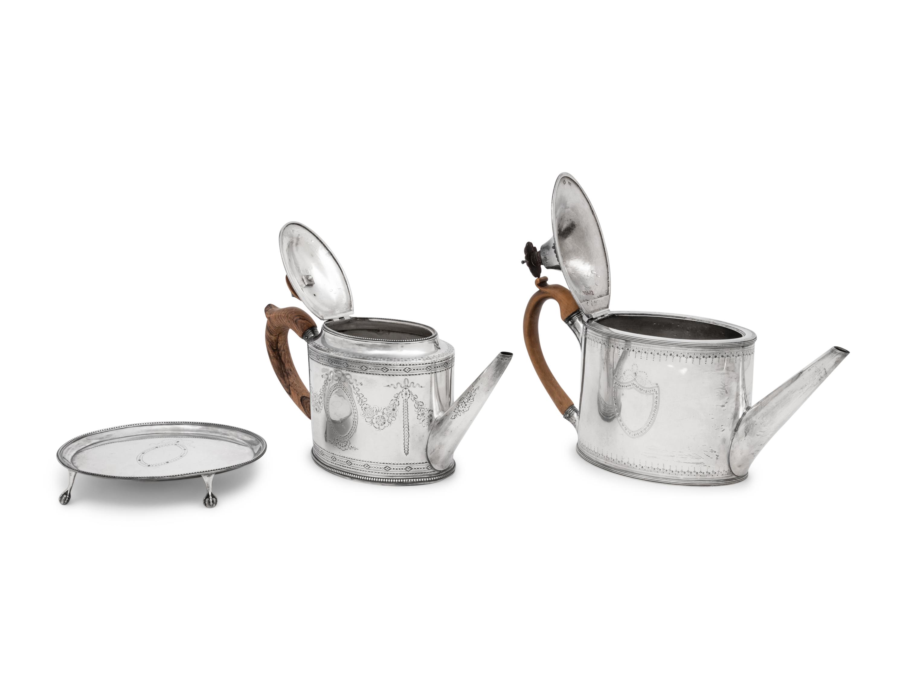 Two Hester Bateman George III Silver Teapots and a Teapot Stand