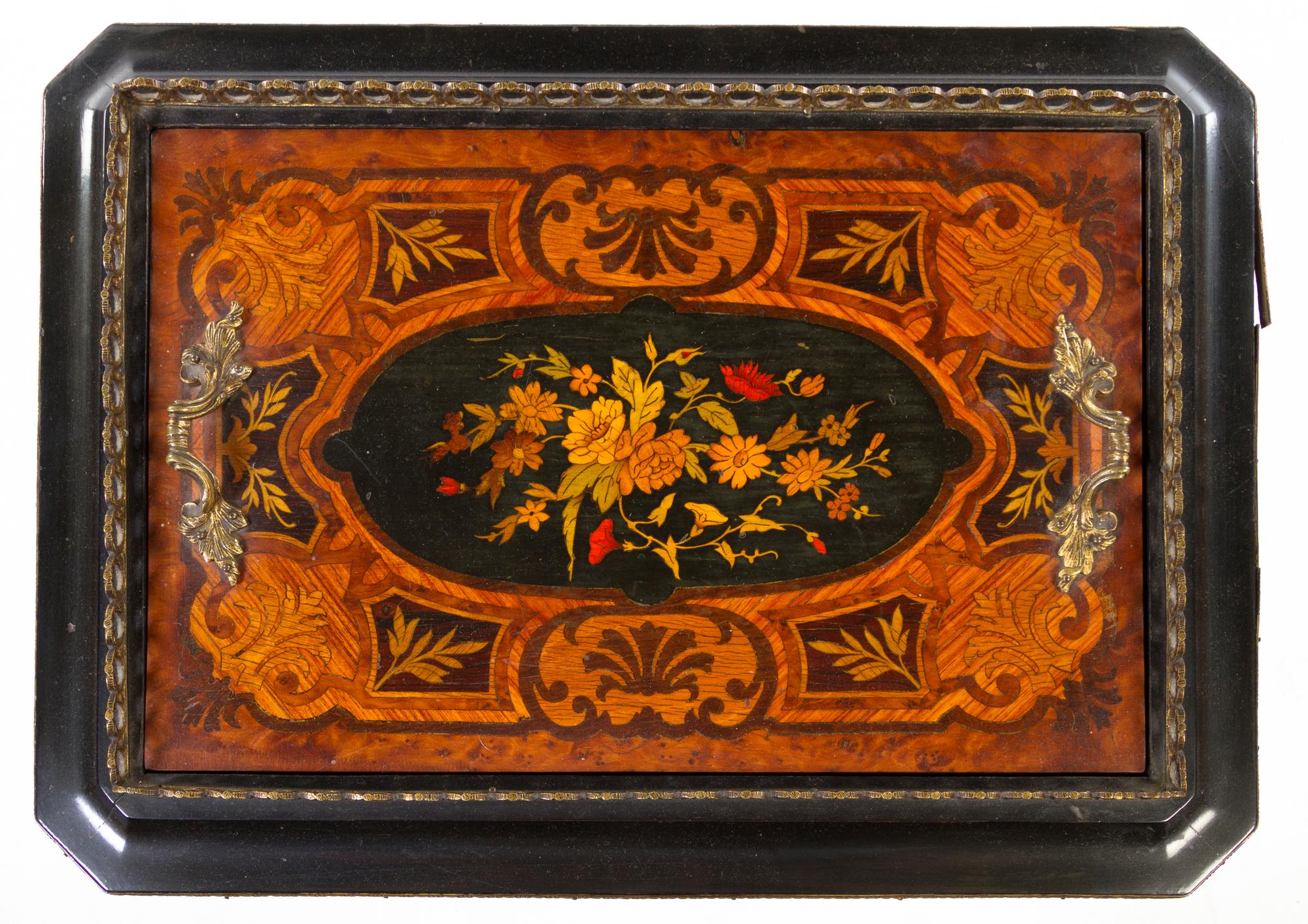 A Napoleon III Gilt Metal Mounted Marquetry Jardiniere Stand, Height 31 1/2 x width 21 x depth 15 3/4 inches.