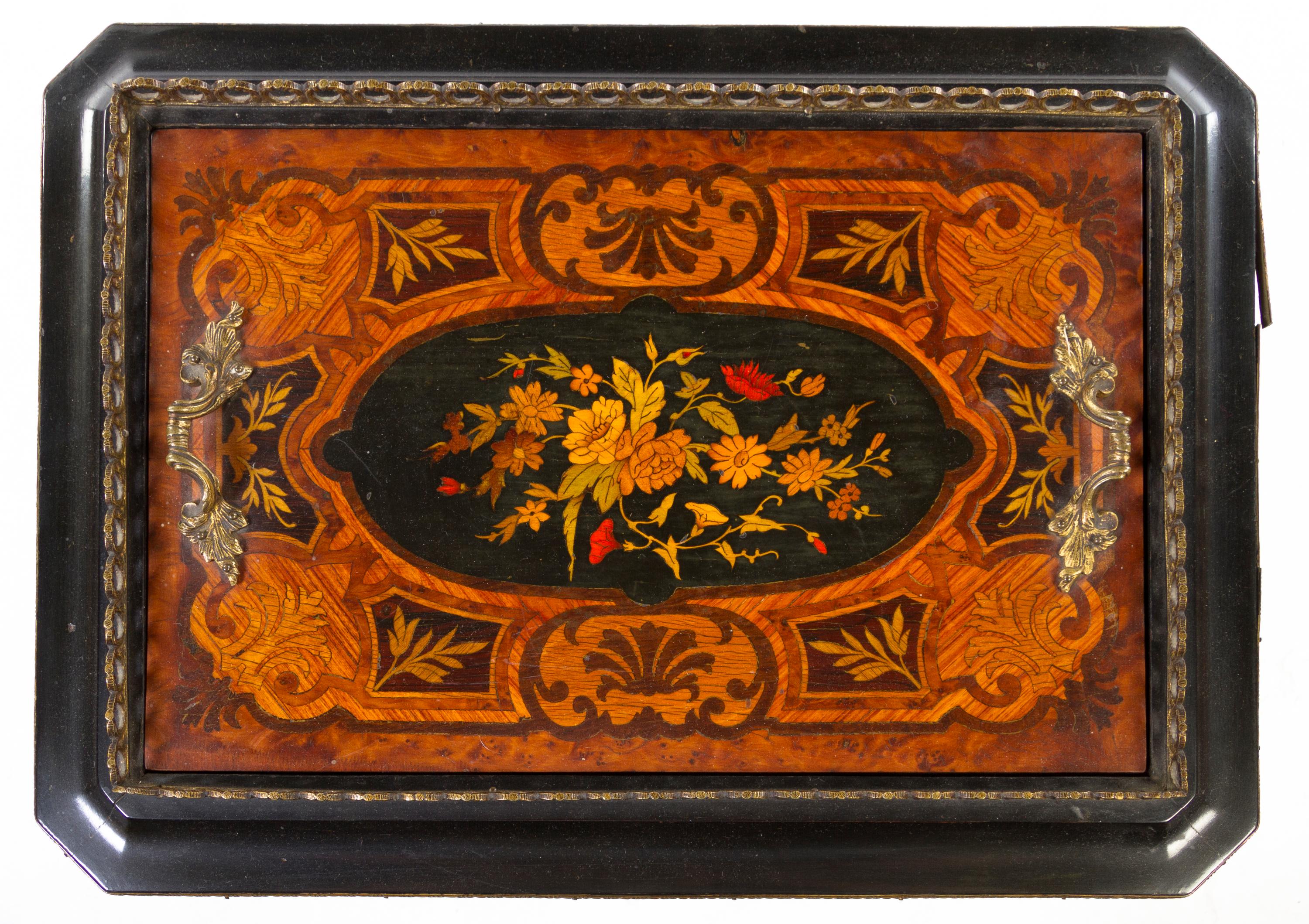 A Napoleon III Gilt Metal Mounted Marquetry Jardiniere Stand, Height 31 1/2 x width 21 x depth 15 3/4 inches.