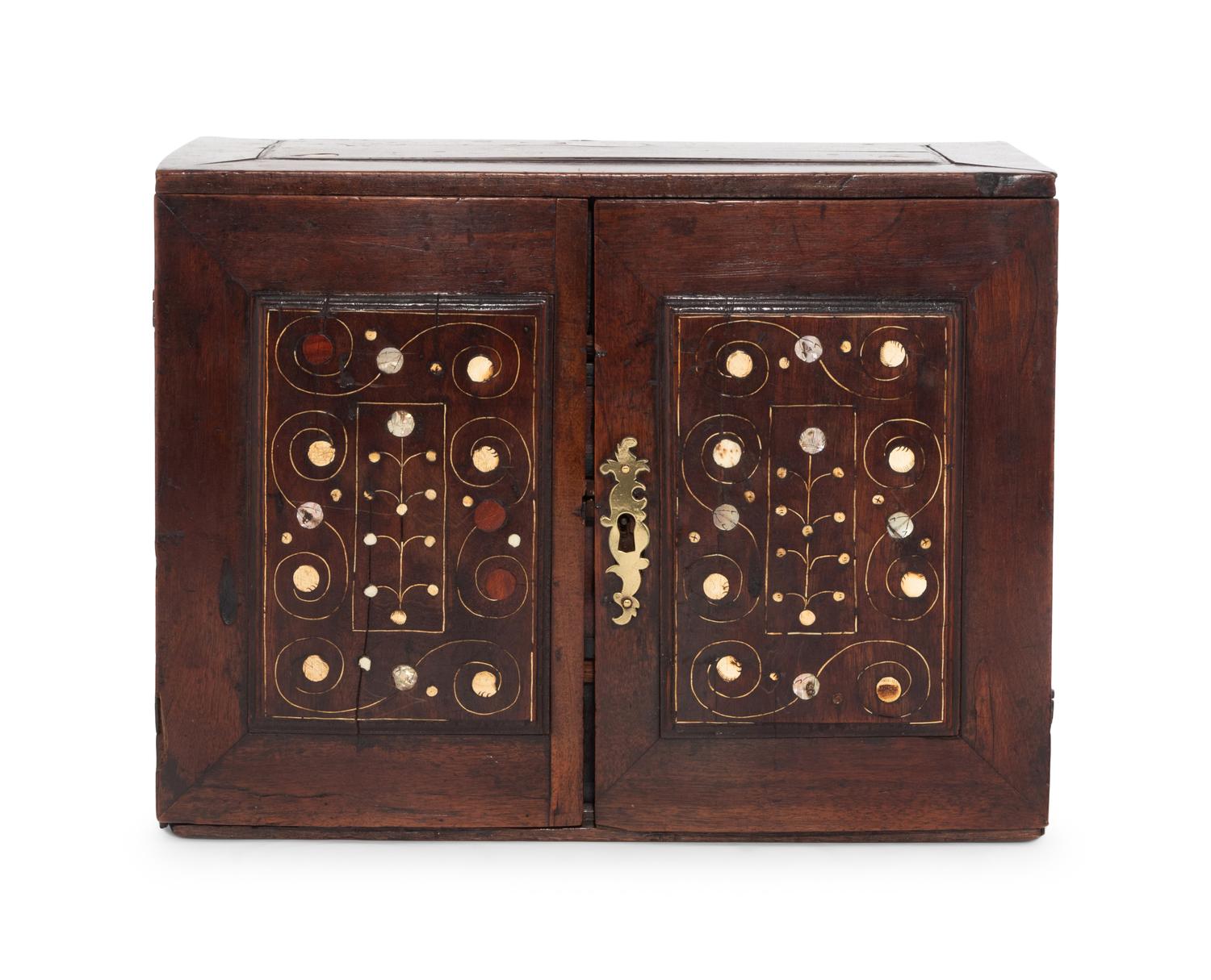 An English Bone and Mother-of-Pearl Inlaid Walnut Table Cabinet