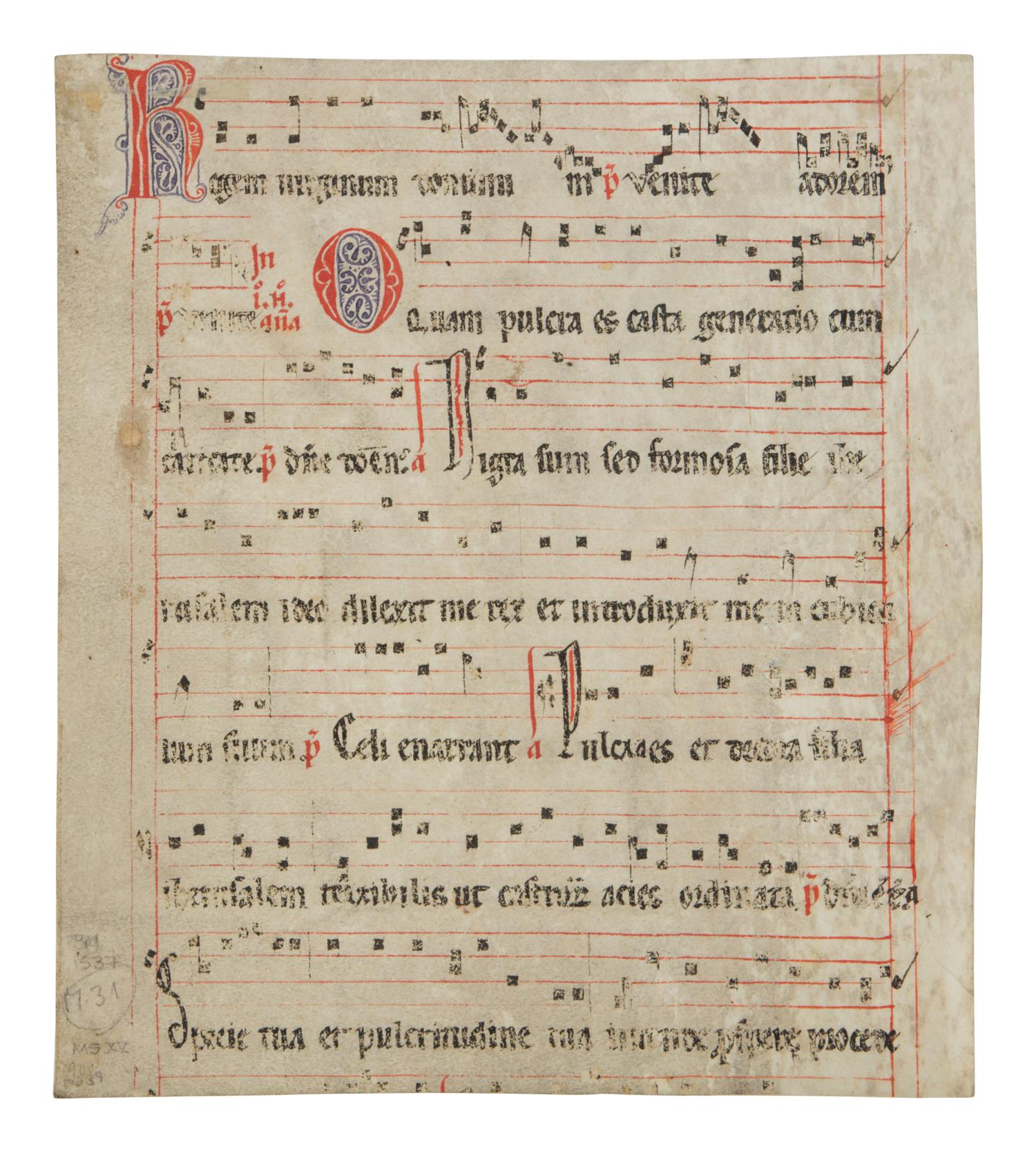 MOZARABIC ILLUMINATOR Leaf from a Mozarabic Antiphonary with a historiated initial ‘D’ depicting a female saint, in Latin, illuminated manuscript on parchment [Spain, first half(?) of the thirteenth century]