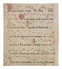 MOZARABIC ILLUMINATOR Leaf from a Mozarabic Antiphonary with a historiated initial ‘D’ depicting a female saint, in Latin, illuminated manuscript on parchment [Spain, first half(?) of the thirteenth century]