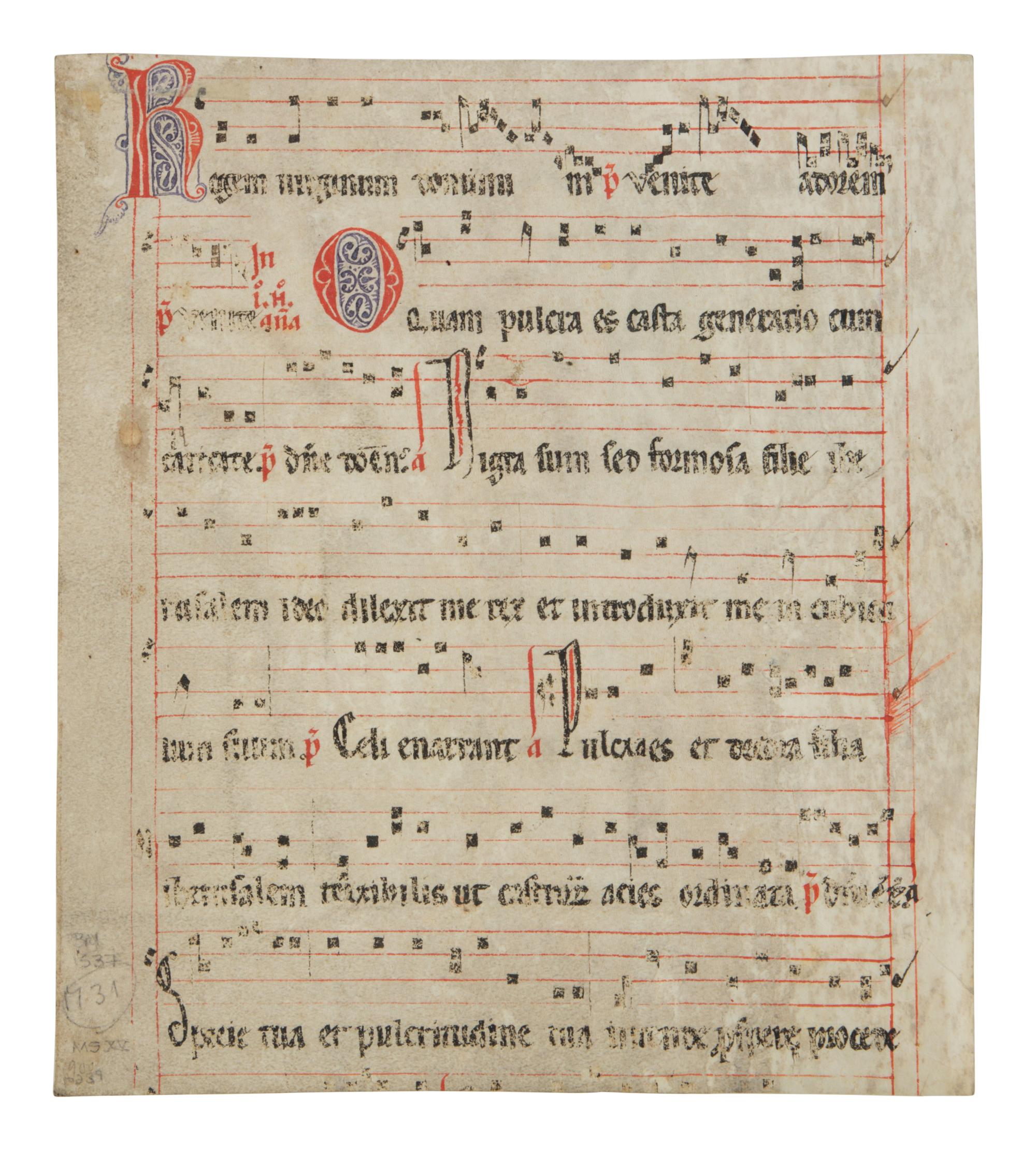 MOZARABIC ILLUMINATOR Leaf from a Mozarabic Antiphonary with a historiated initial ‘D’ depicting a female saint, in Latin, illuminated manuscript on parchment [Spain, first half(?) of the thirteenth century]