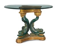 A Painted and Parcel Gilt Glass-Top Dolphin Form Pedestal Table