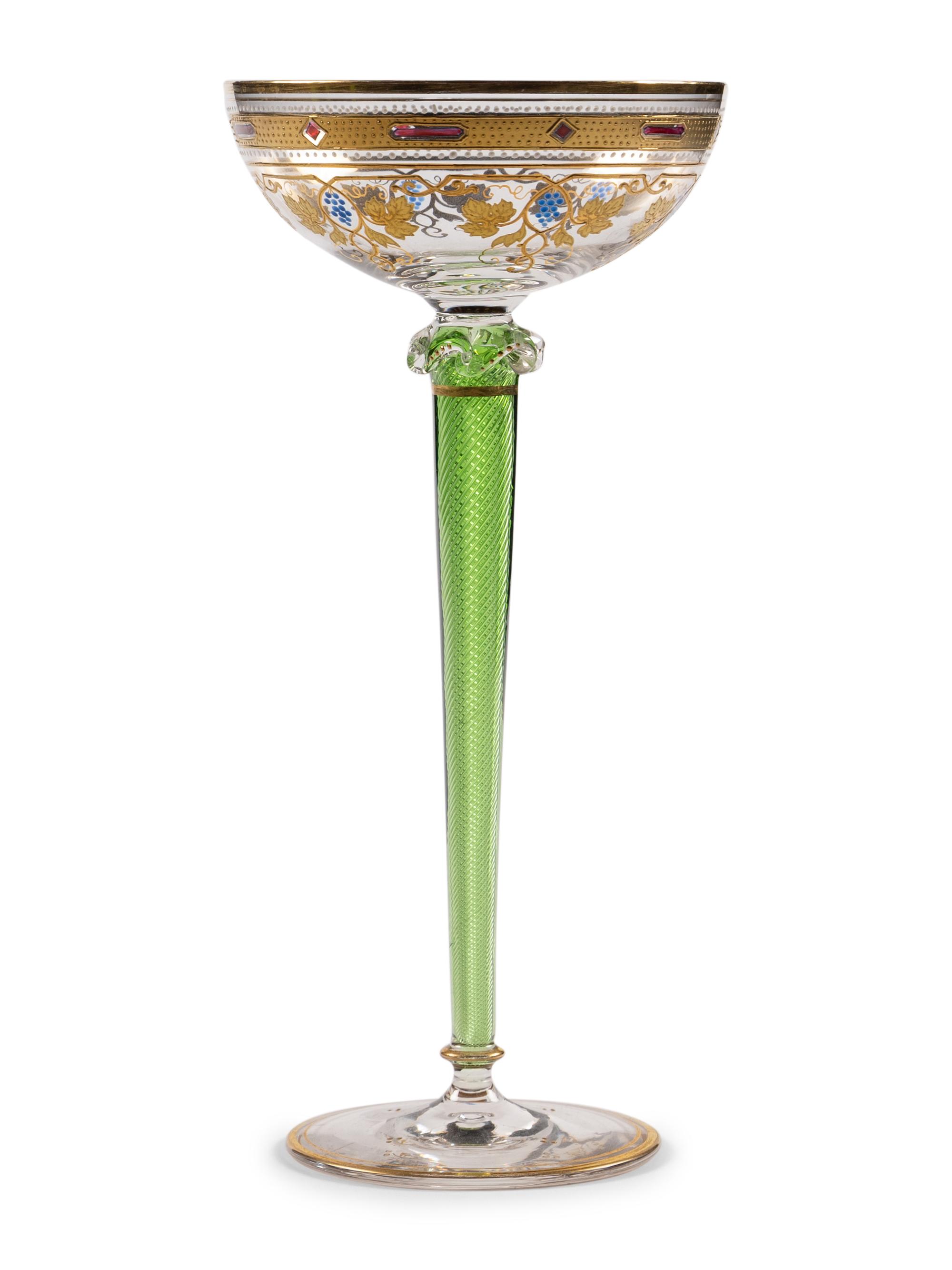 Five Continental Gilt and Enameled Twist-Stem Hock Wine Glasses