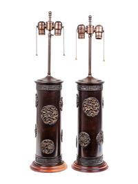 A Pair of Japanese Cast Metal Cylindrical Vases Mounted as Lamps with Shades
