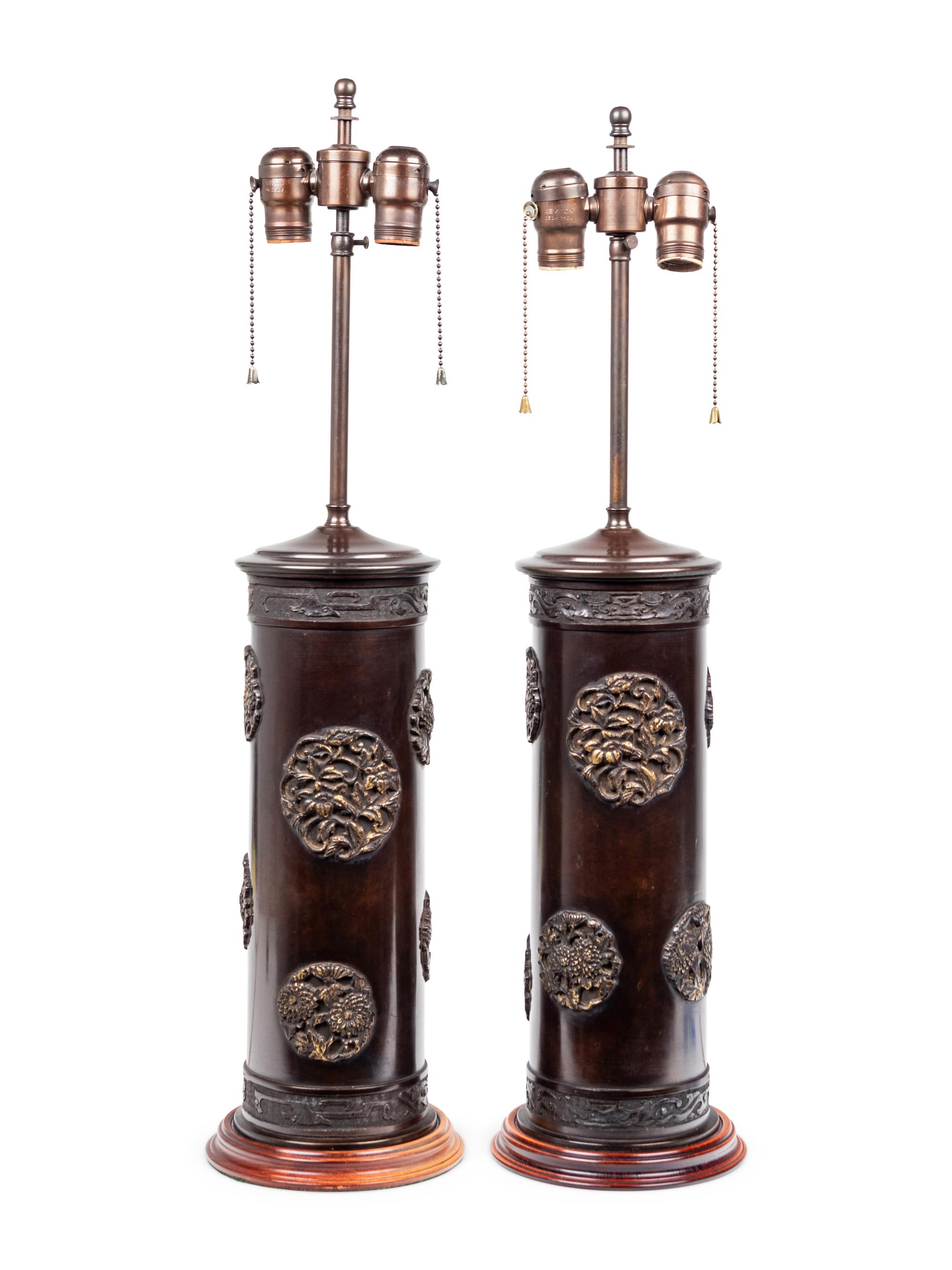 A Pair of Japanese Cast Metal Cylindrical Vases Mounted as Lamps with Shades