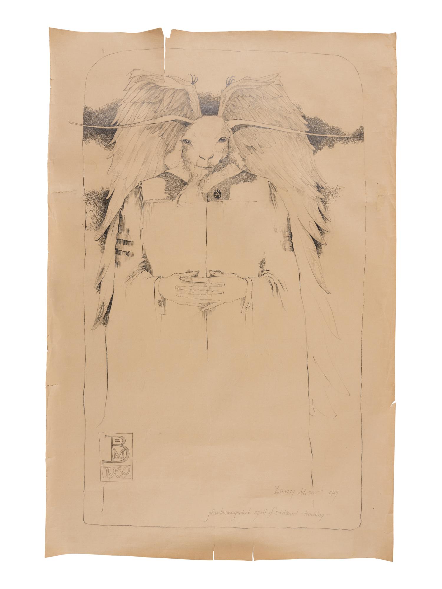 MOSER, Barry. Large pencil drawing entitled “phantasmagorical spirit of soidisant teaching.” Signed and dated 1969.