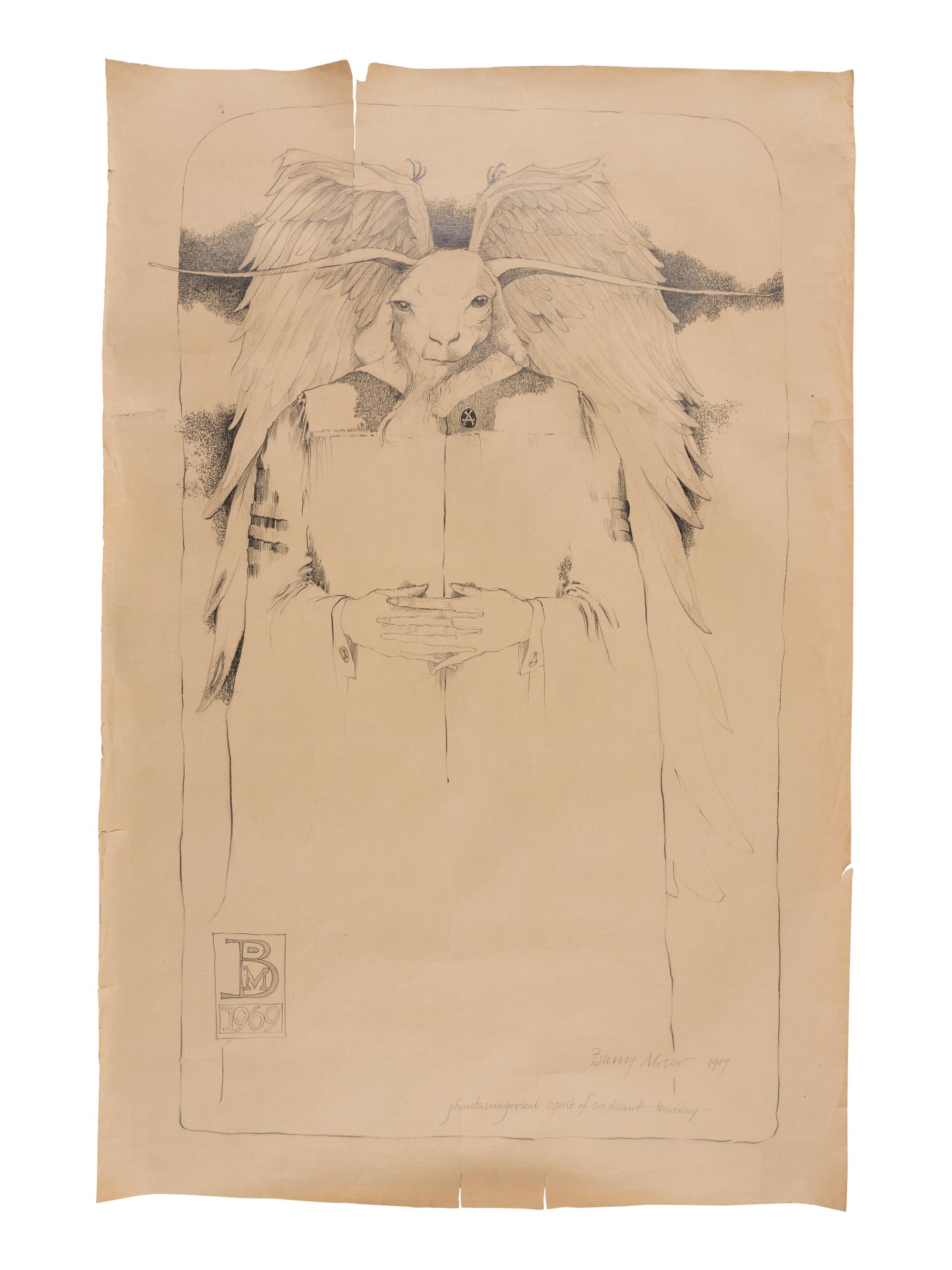 MOSER, Barry. Large pencil drawing entitled “phantasmagorical spirit of soidisant teaching.” Signed and dated 1969.