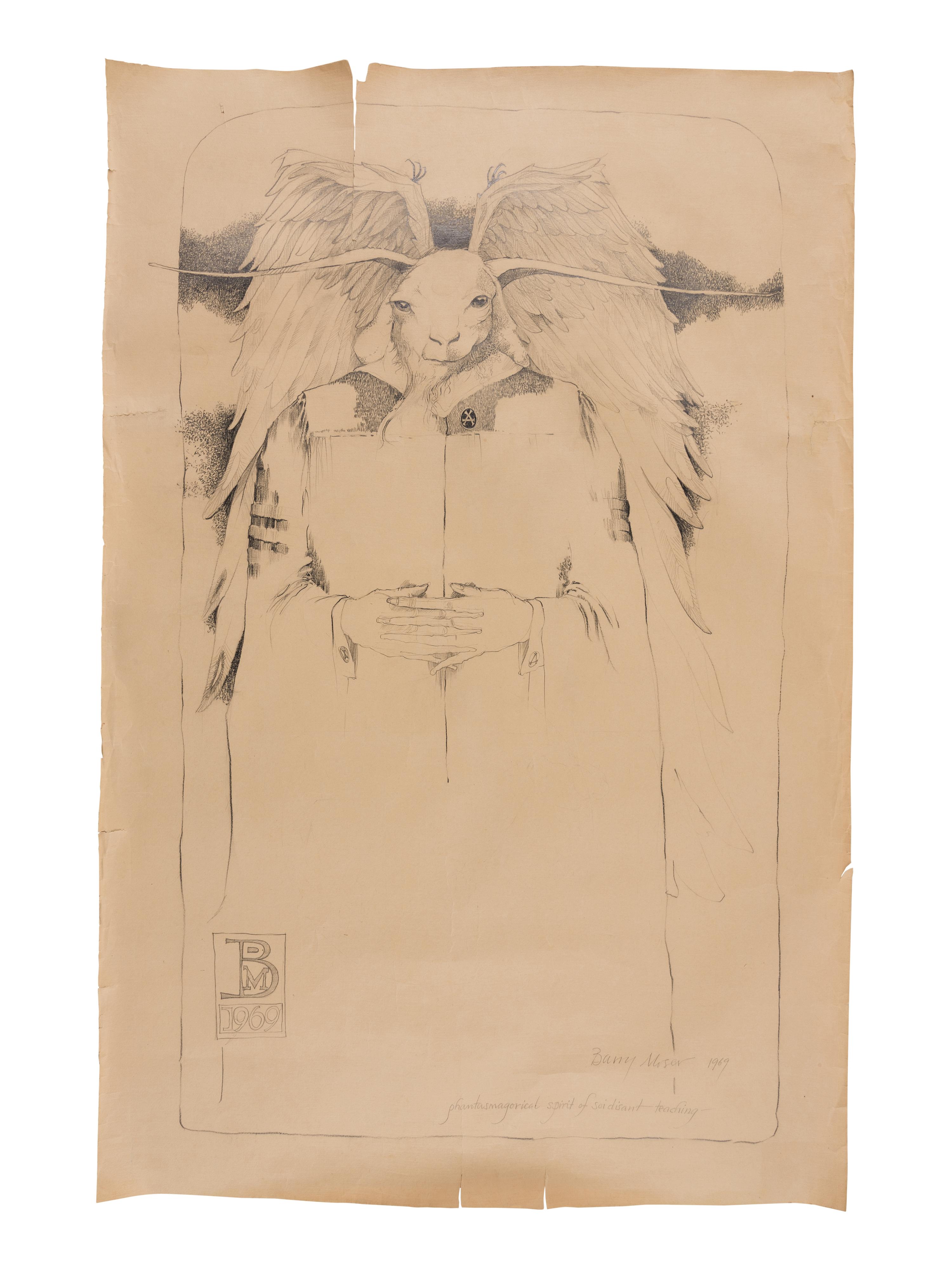 MOSER, Barry. Large pencil drawing entitled “phantasmagorical spirit of soidisant teaching.” Signed and dated 1969.
