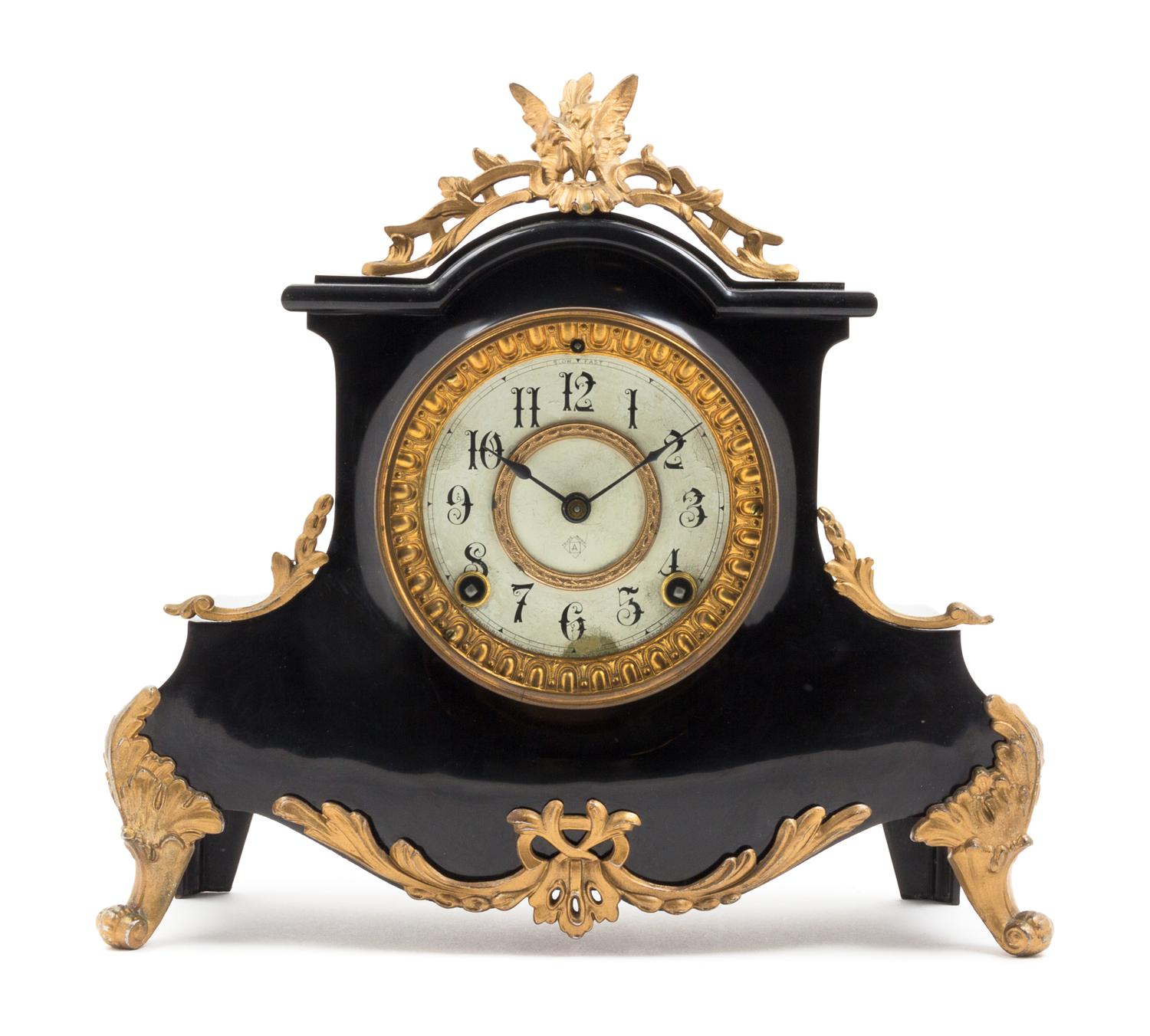 An American Gilt Metal Mounted Slate Mantel Clock Height 11 1/2 x width 12 1/2 inches. — ANSONIA CLOCK CO., LATE 19TH CENTURY