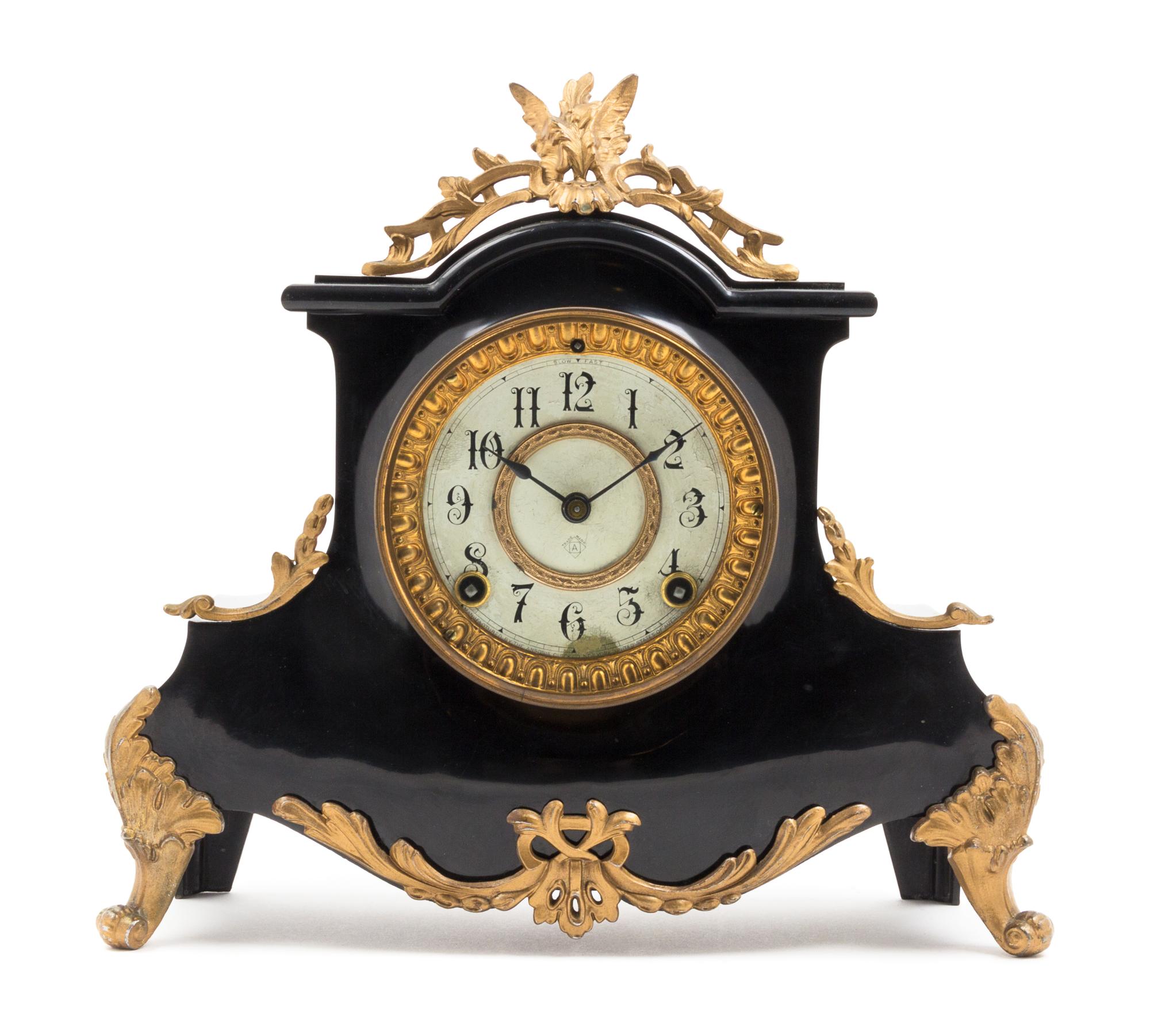 An American Gilt Metal Mounted Slate Mantel Clock Height 11 1/2 x width 12 1/2 inches. — ANSONIA CLOCK CO., LATE 19TH CENTURY