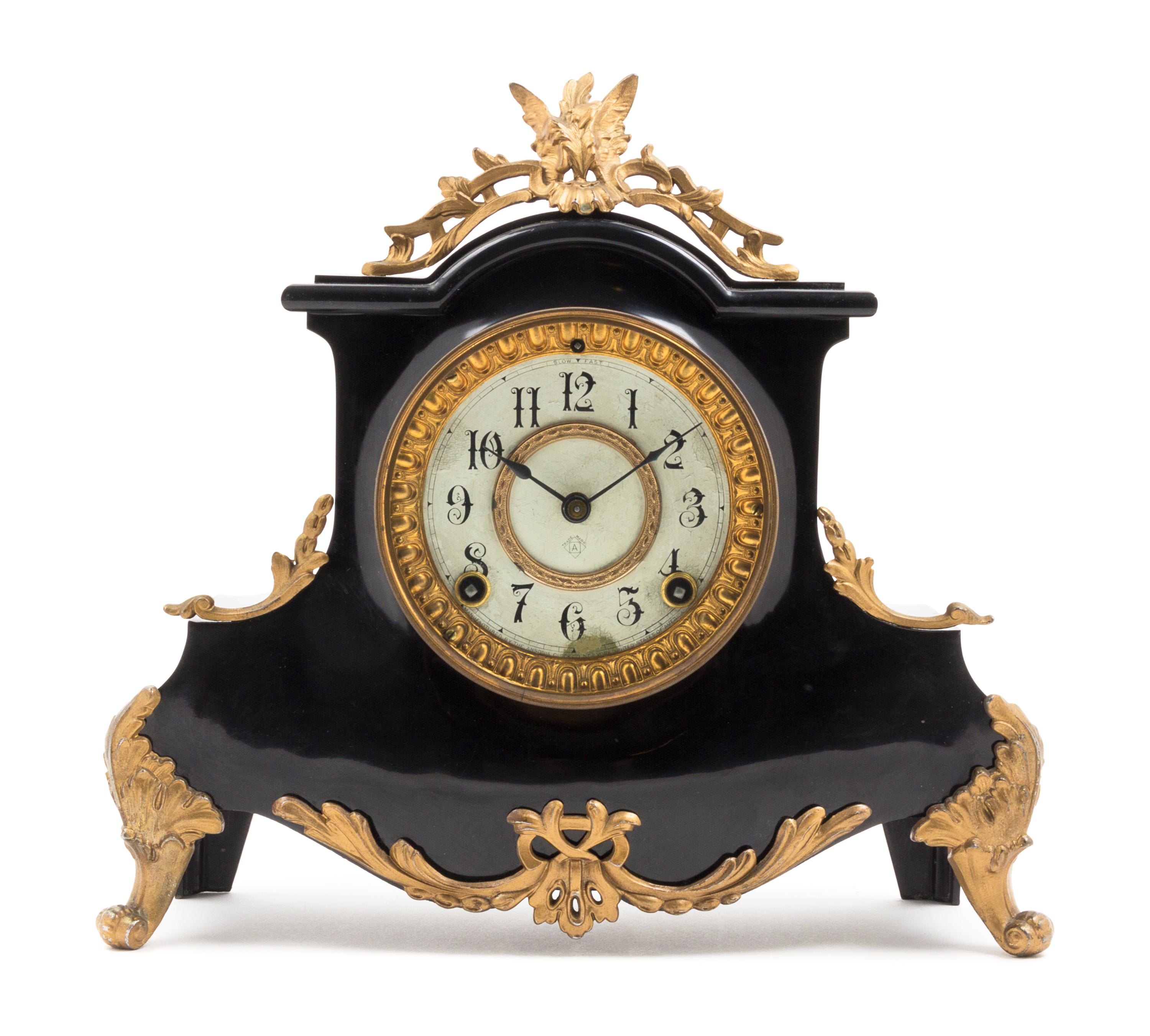 An American Gilt Metal Mounted Slate Mantel Clock Height 11 1/2 x width 12 1/2 inches. — ANSONIA CLOCK CO., LATE 19TH CENTURY