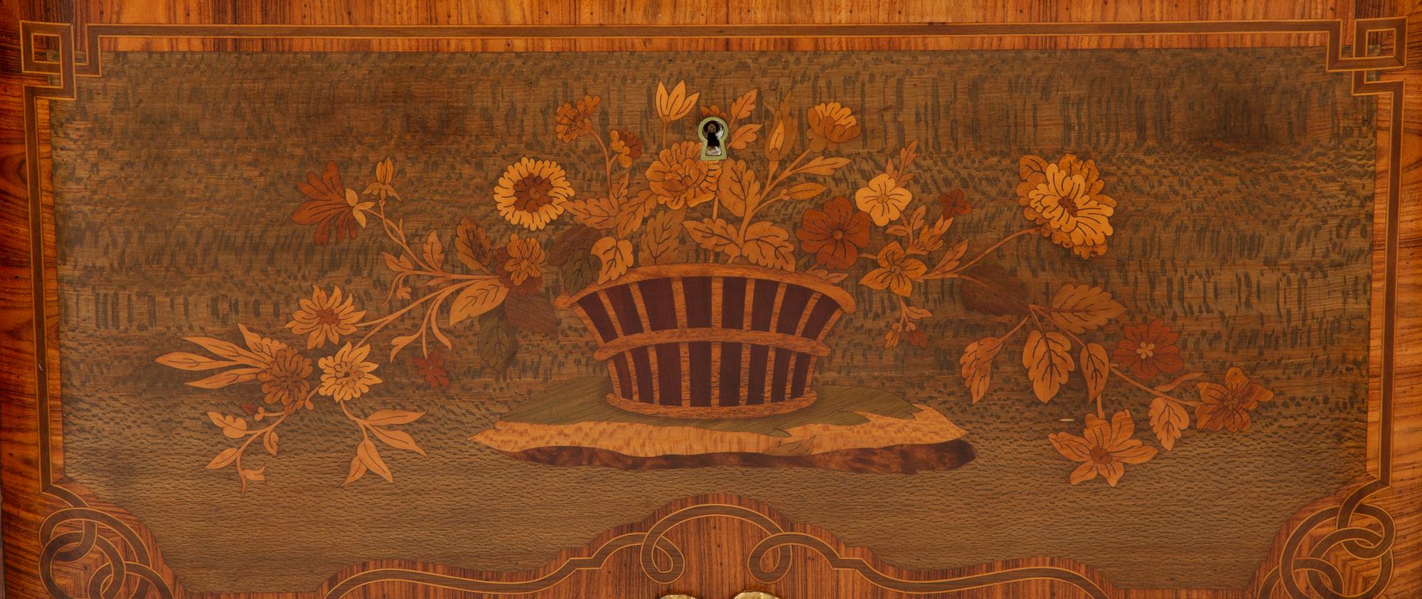A Louis XV Style Gilt Bronze Mounted Kingwood and Marquetry Marble-Top Commode