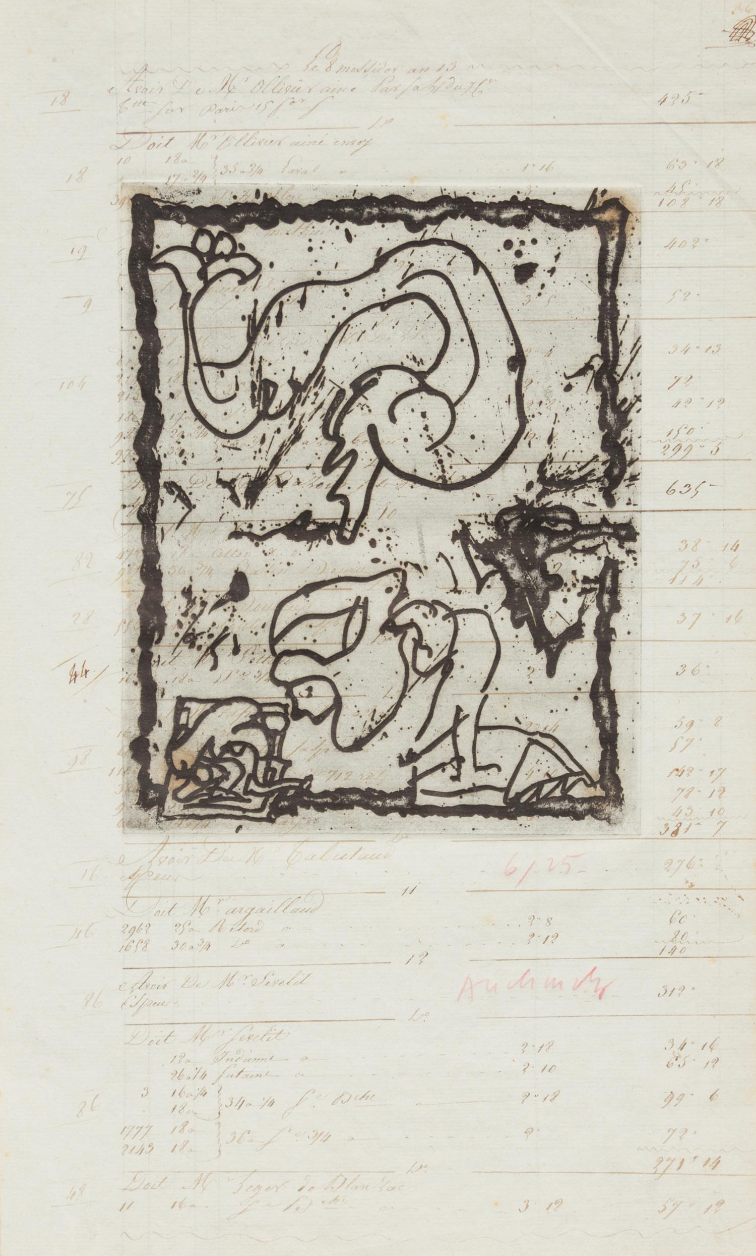Pierre Alechinsky, (Belgian, b. 1927), Les dimanches du compatble (a group of 3 etchings and 1 drawing)
